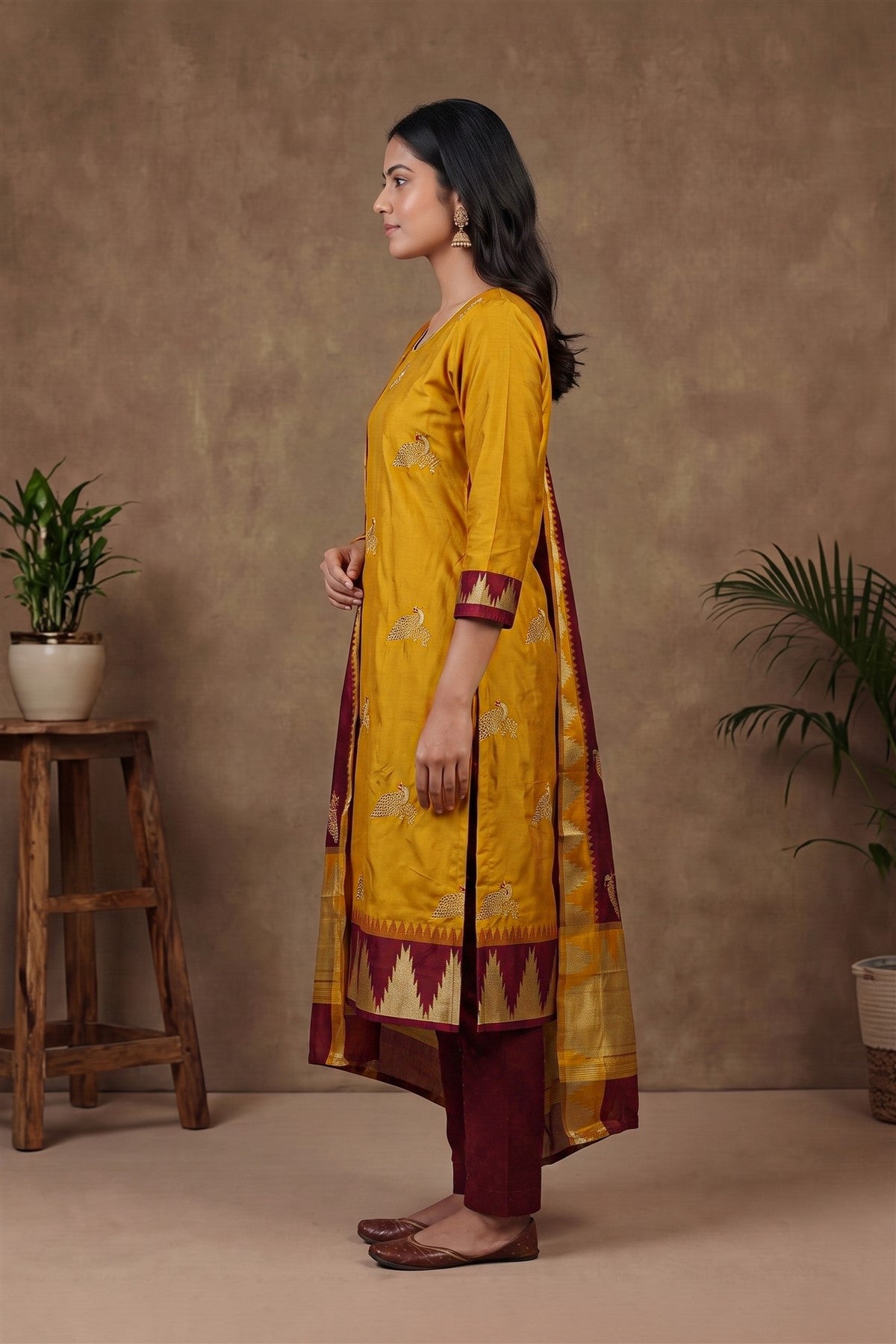 Chanderi Embroidered Mustard Kurti Set With Dupatta