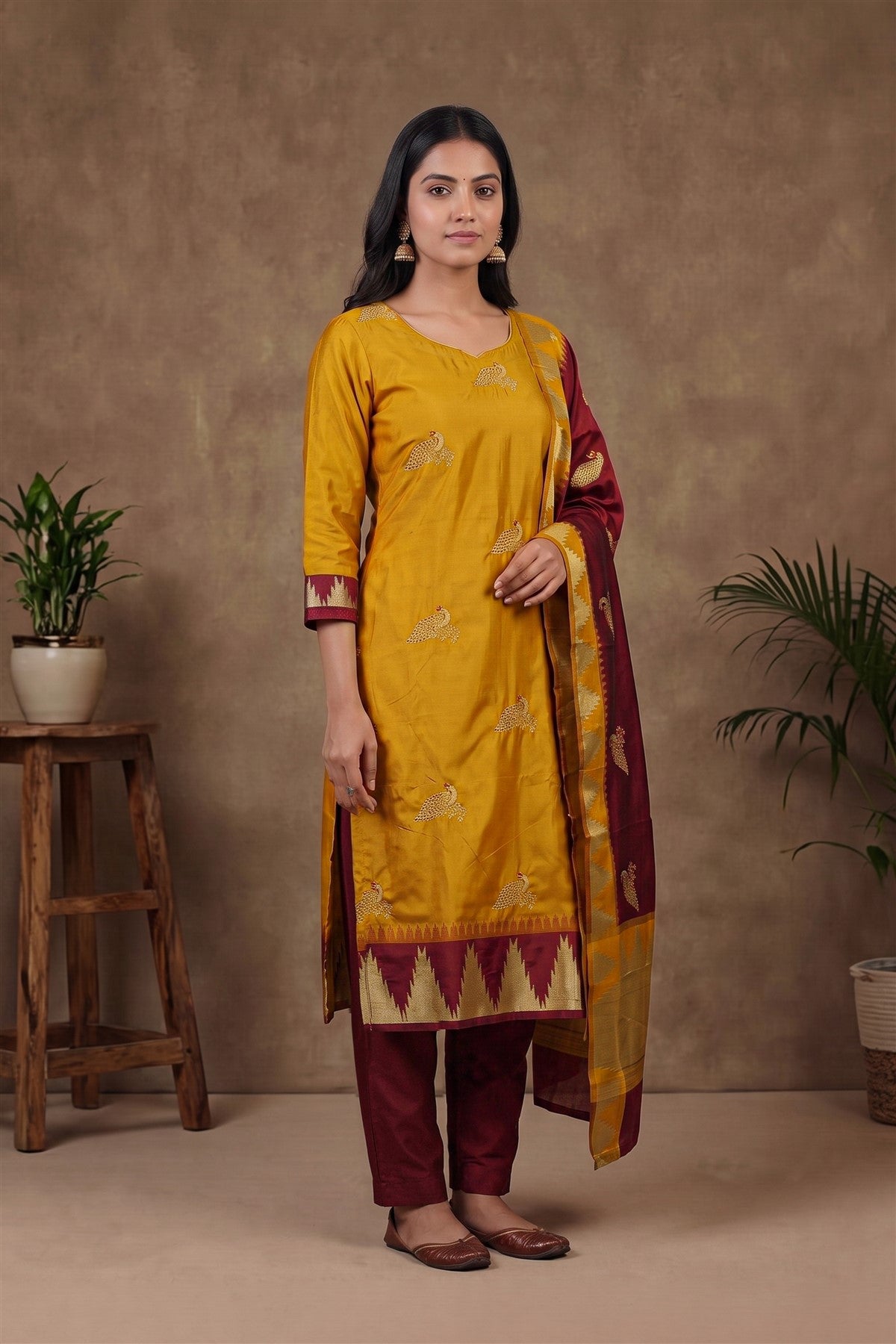 Chanderi Embroidered Mustard Kurti Set With Dupatta
