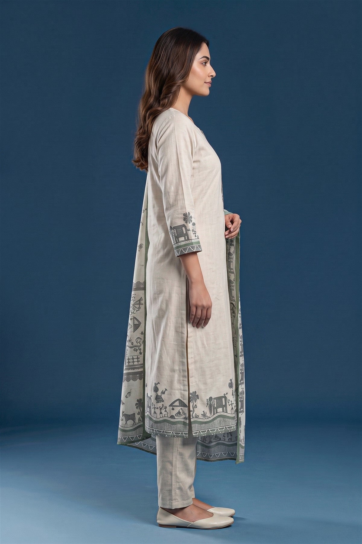 Linen Embroidered Off White Kurti Set With Dupatta