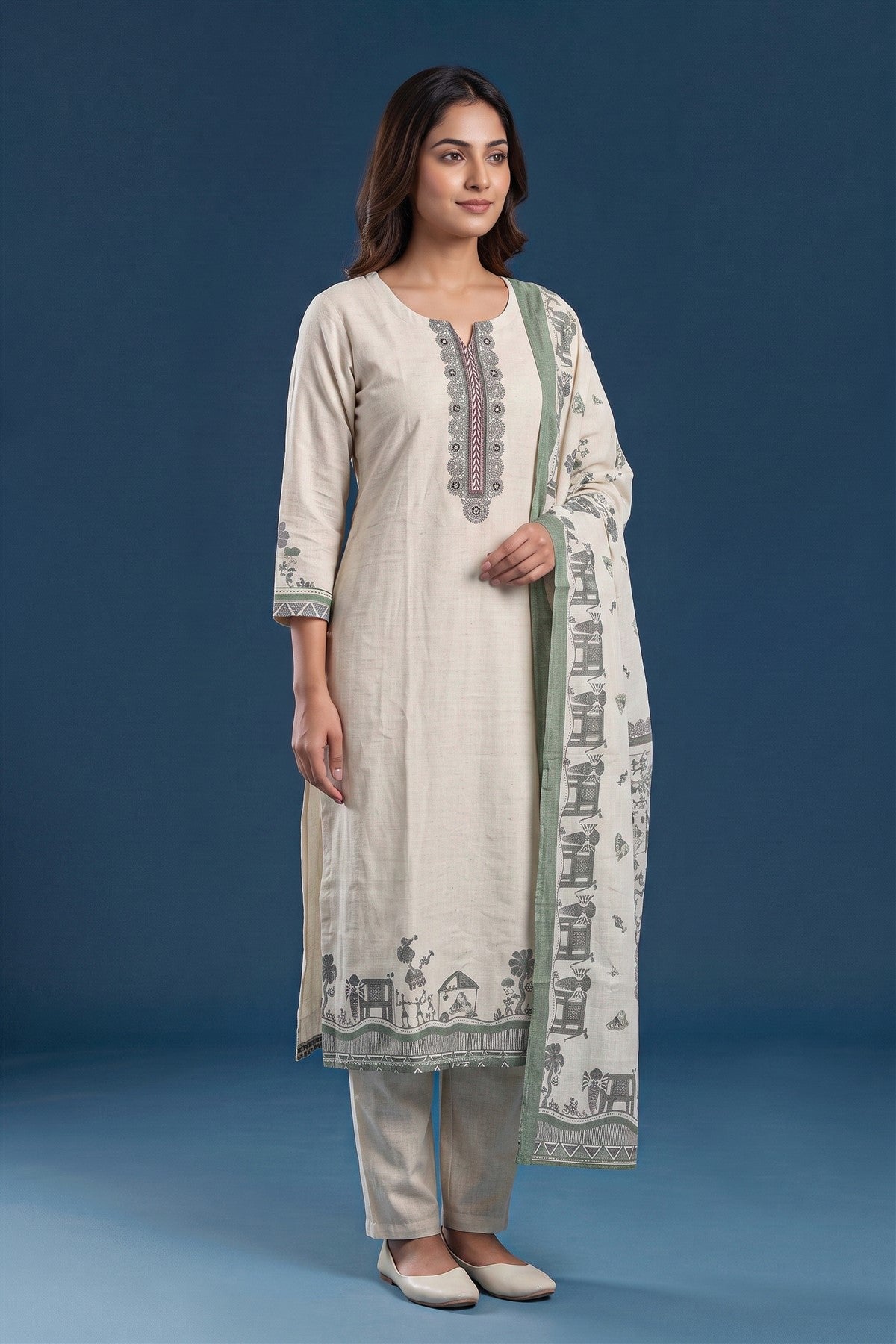 Linen Embroidered Off White Kurti Set With Dupatta