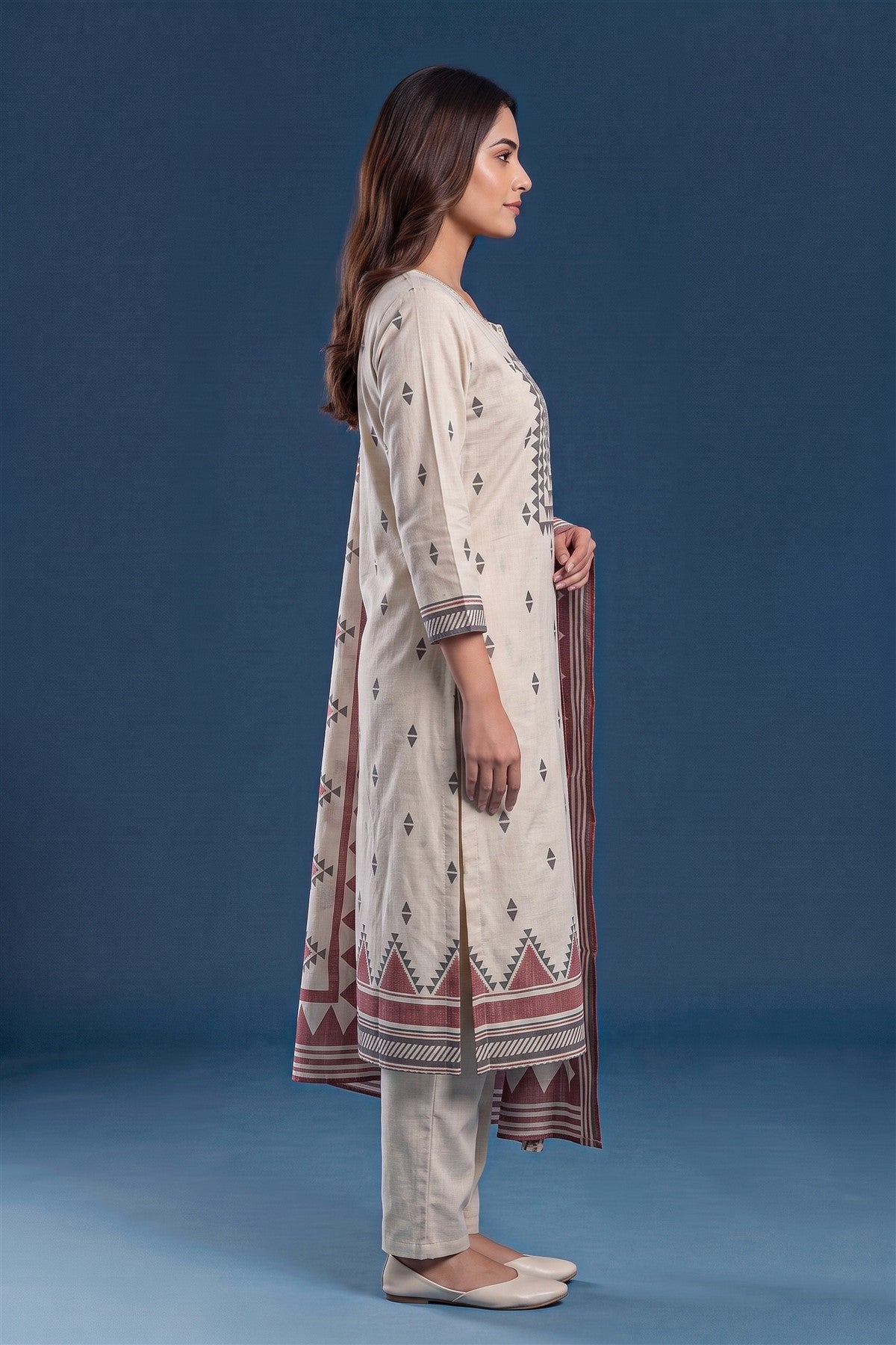 Linen Printed Off White Kurti Set With Dupatta