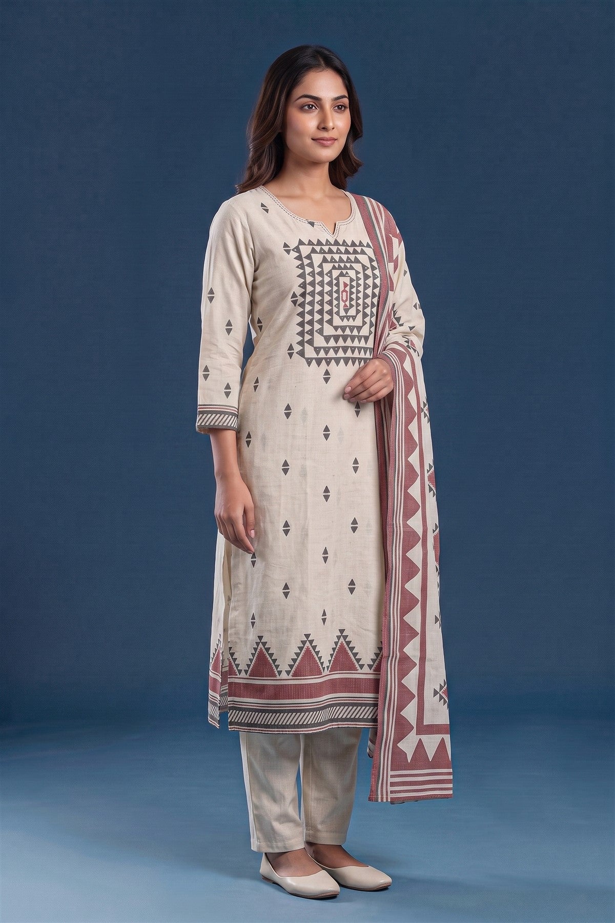 Linen Printed Off White Kurti Set With Dupatta