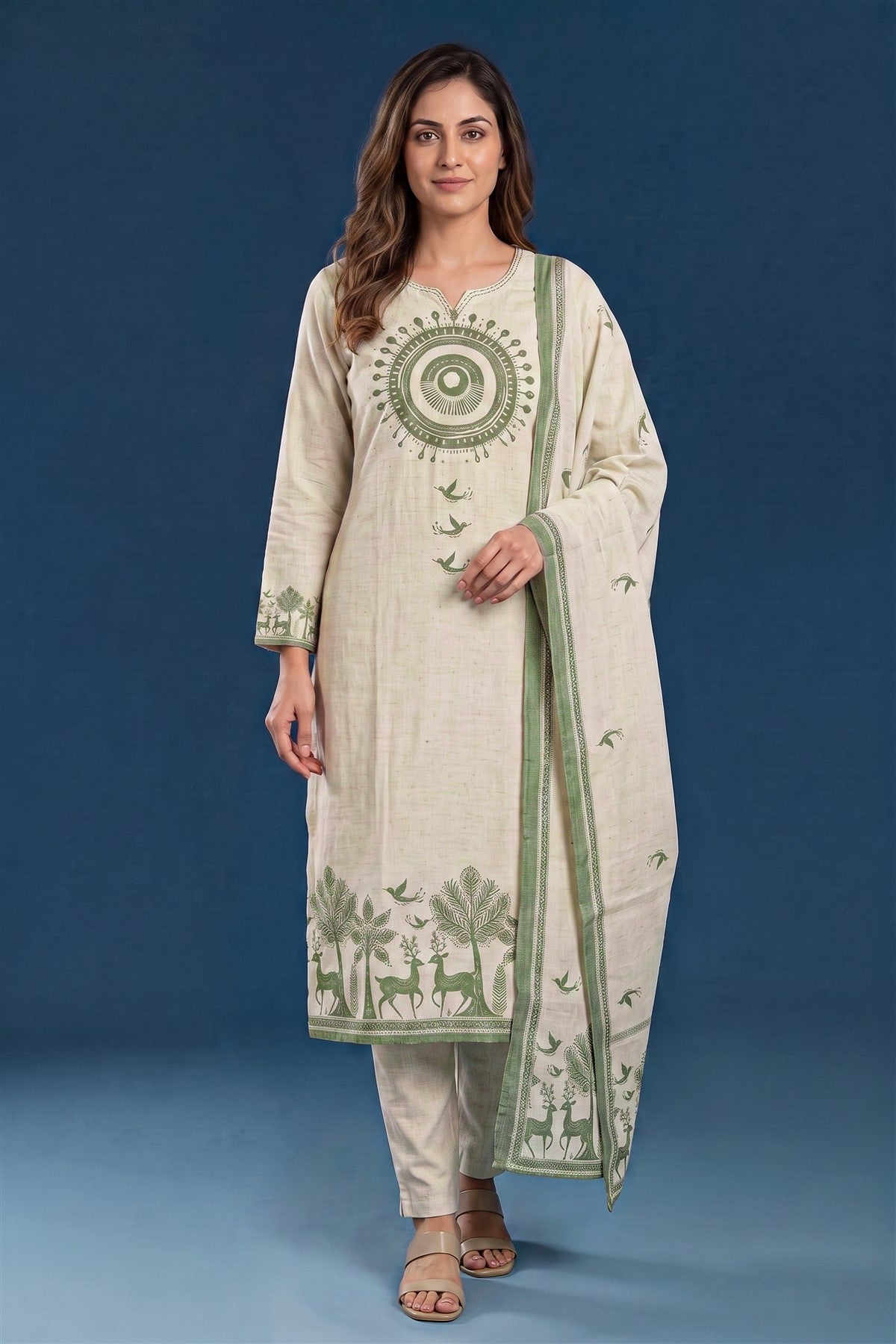 Linen Printed Off White Kurti Set With Dupatta