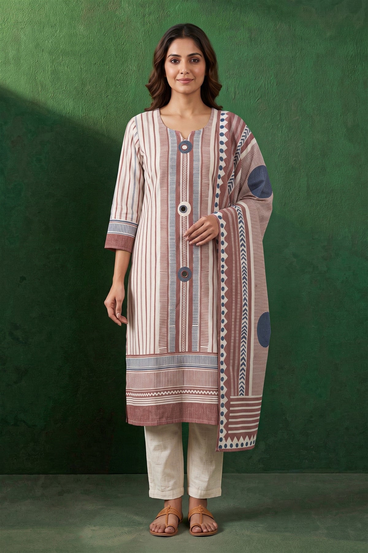 Linen Printed Off White Kurti Set With Dupatta
