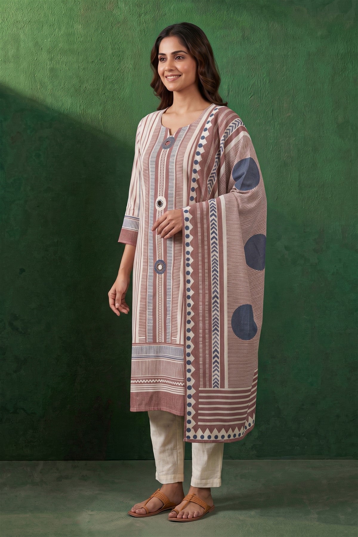 Linen Printed Off White Kurti Set With Dupatta