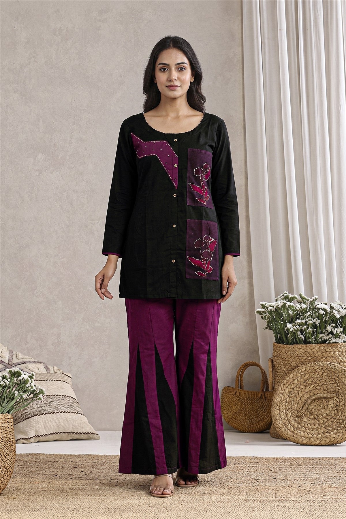Cotton Embroidered Black Co-ord Set