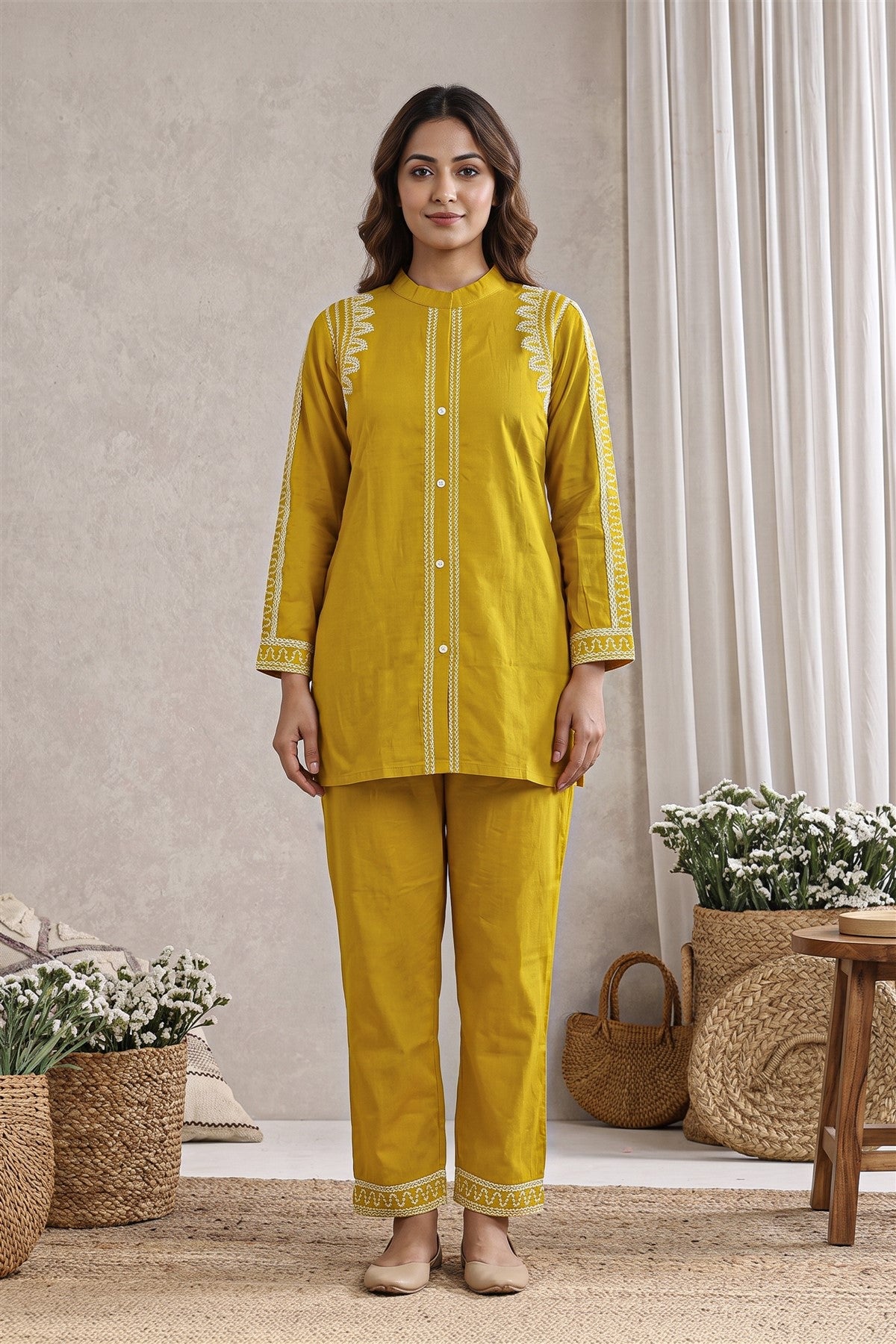 Cotton Embroidered Yellow Co-ord Set