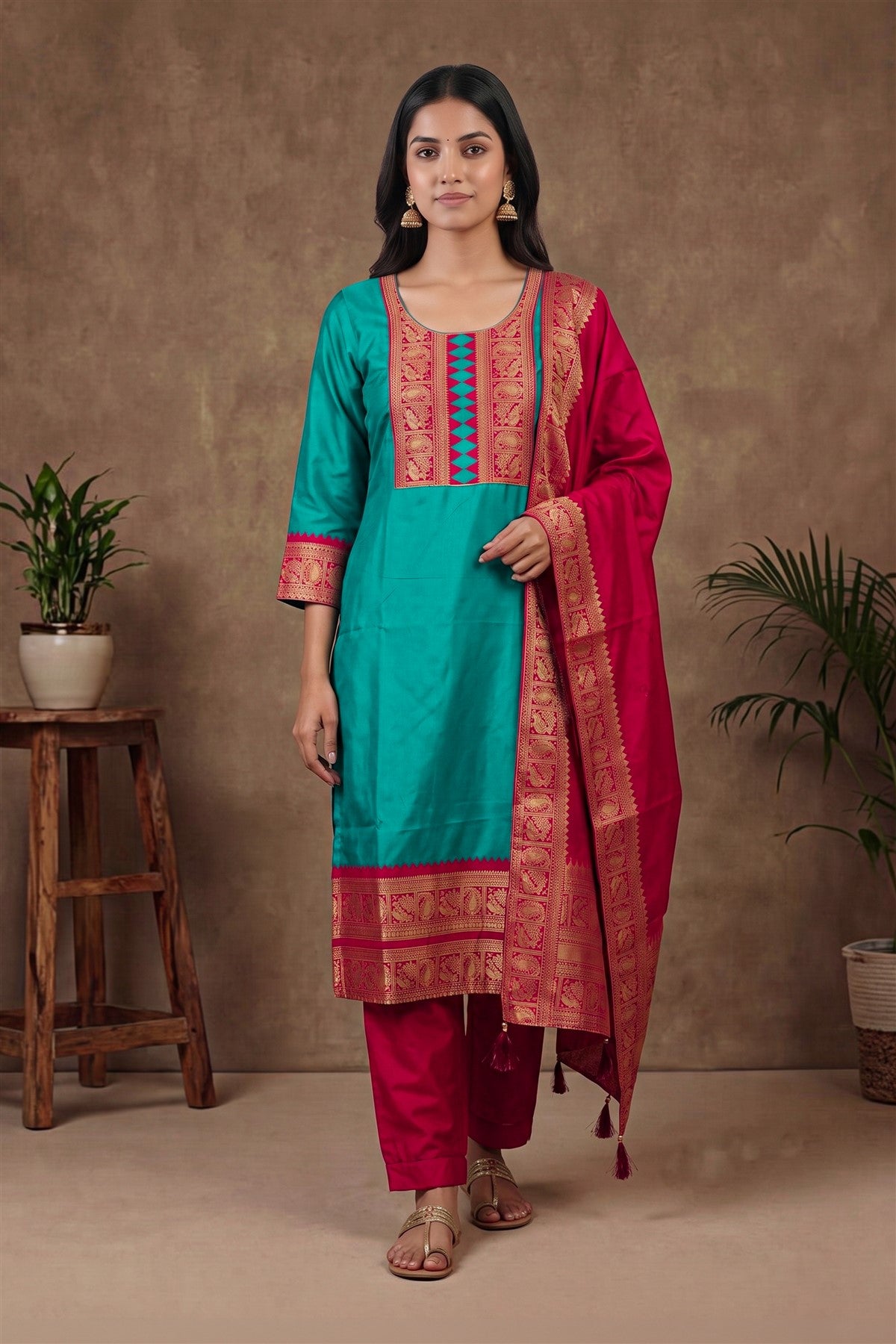 Silk Zari Woven Rama Green Kurti Set With Dupatta