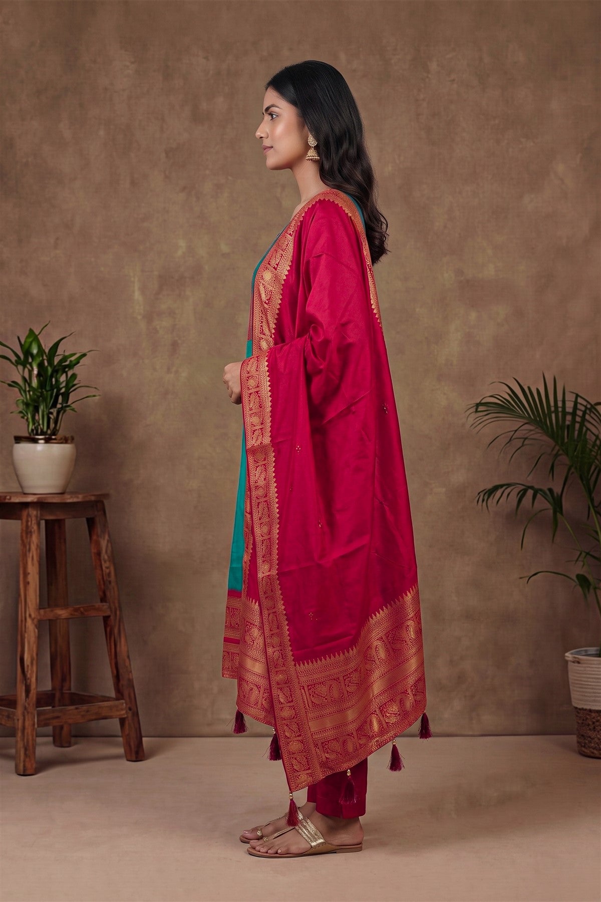 Silk Zari Woven Rama Green Kurti Set With Dupatta