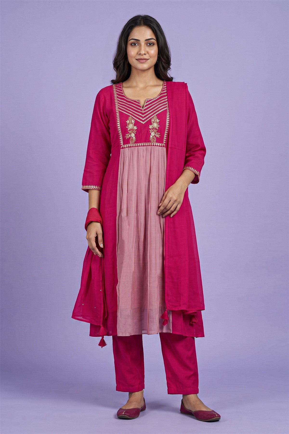Mul Chanderi Embroidered Rani Pink Kurti Set With Dupatta