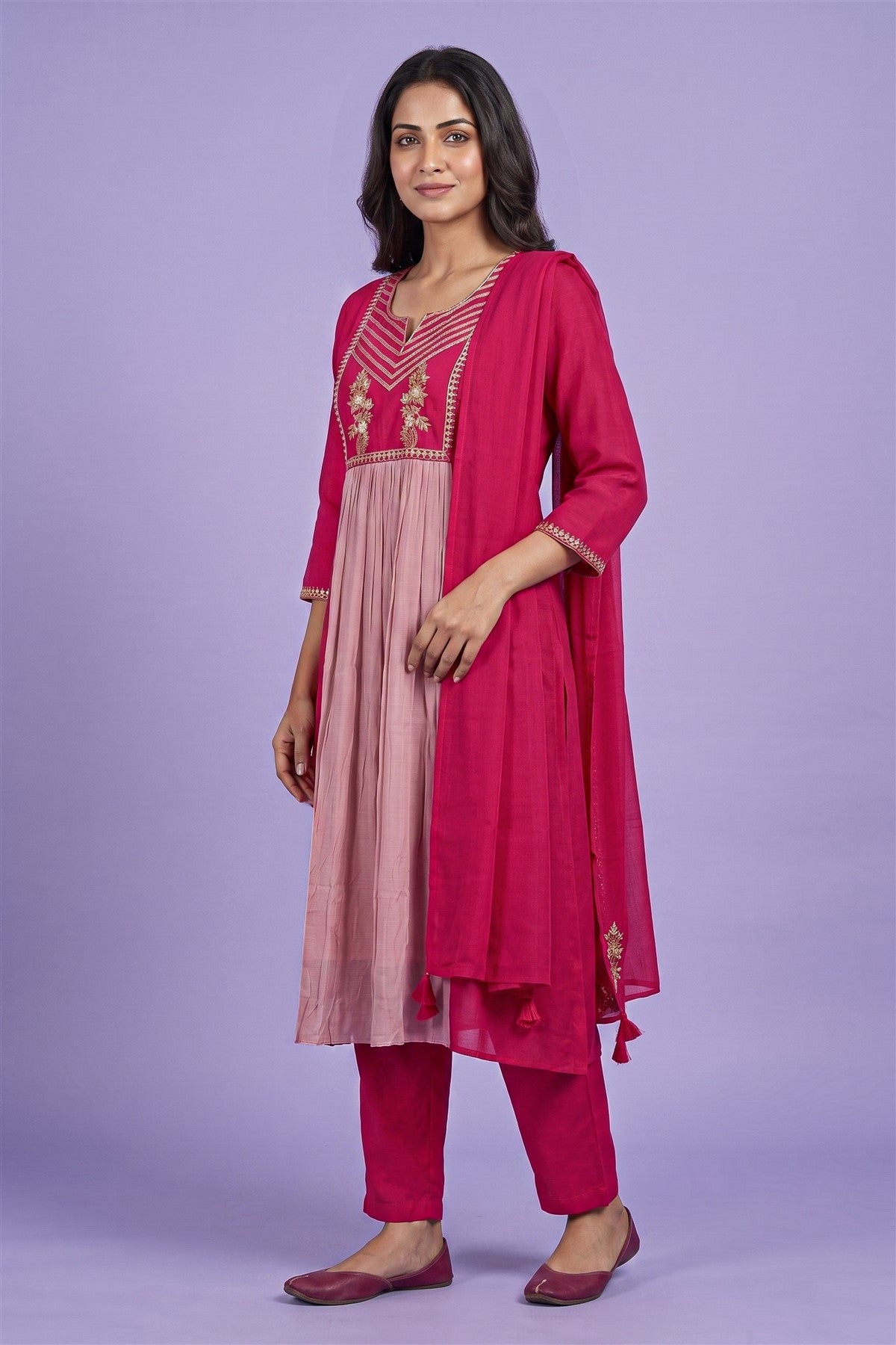 Mul Chanderi Embroidered Rani Pink Kurti Set With Dupatta
