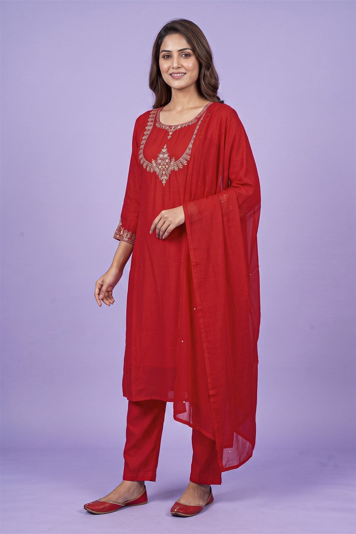 Mul Chanderi Embroidered Red Kurti Set With Dupatta