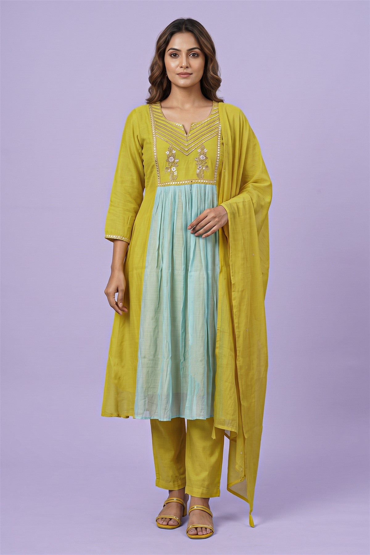Mul Chanderi Embroidered Parrot Green Kurti Set With Dupatta