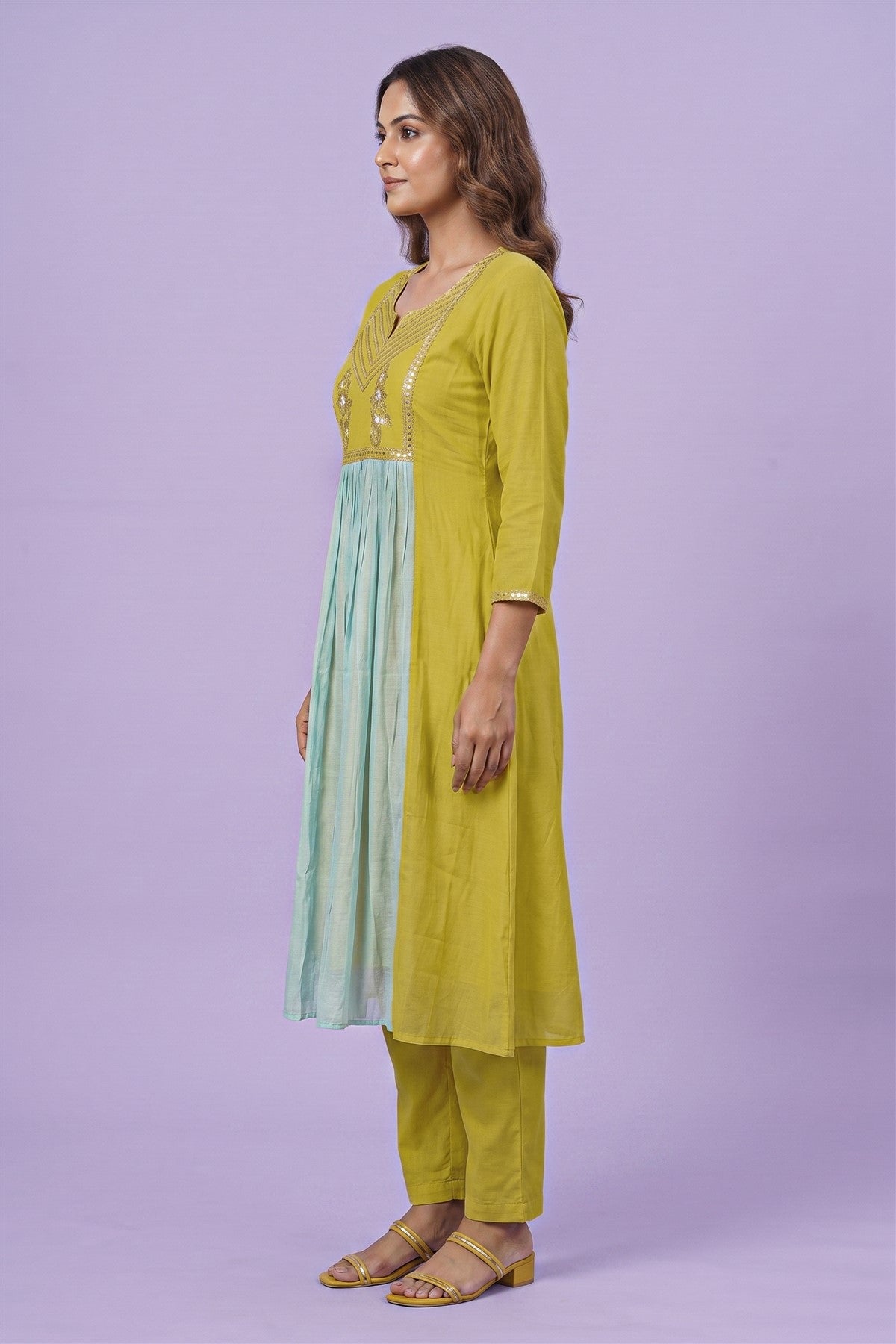 Mul Chanderi Embroidered Parrot Green Kurti Set With Dupatta