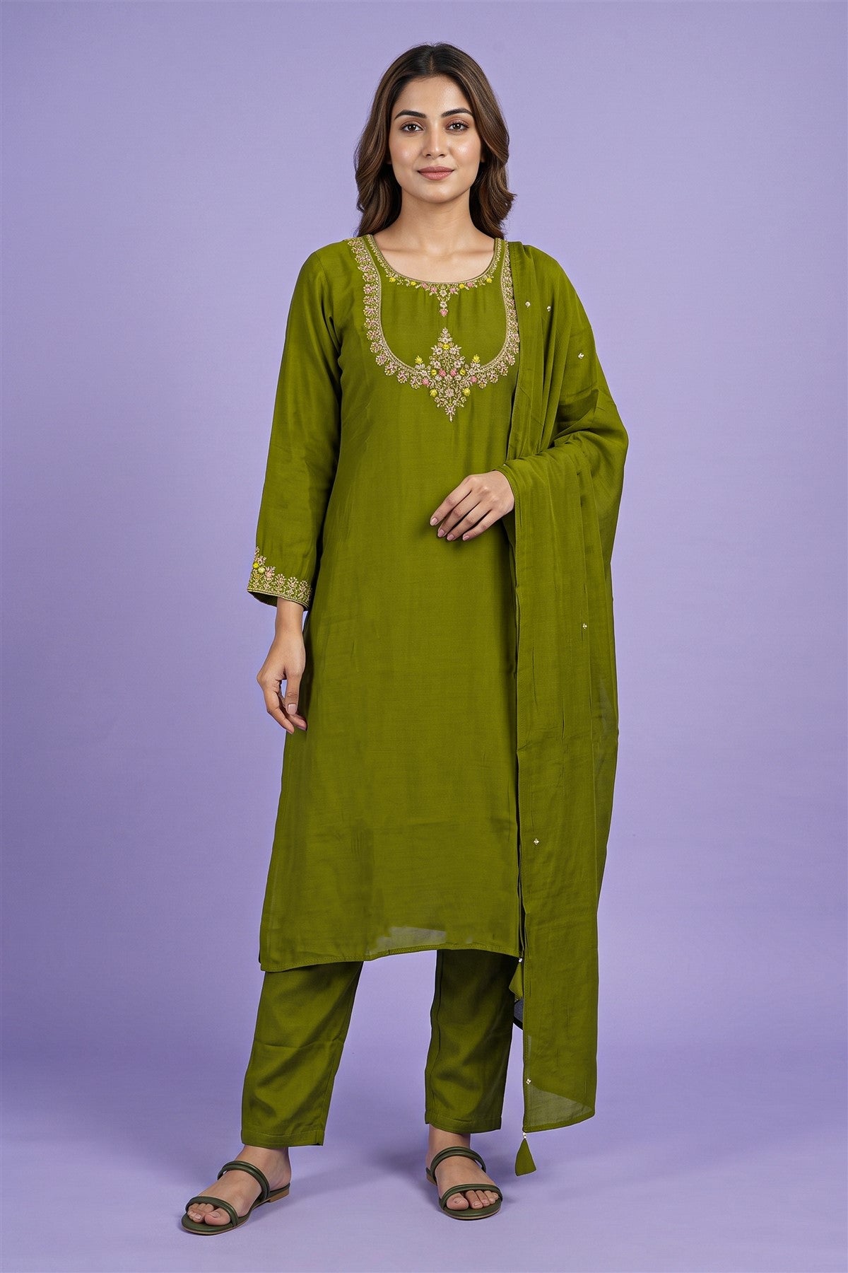 Mul Chanderi Embroidered Light Green Kurti Set With Dupatta