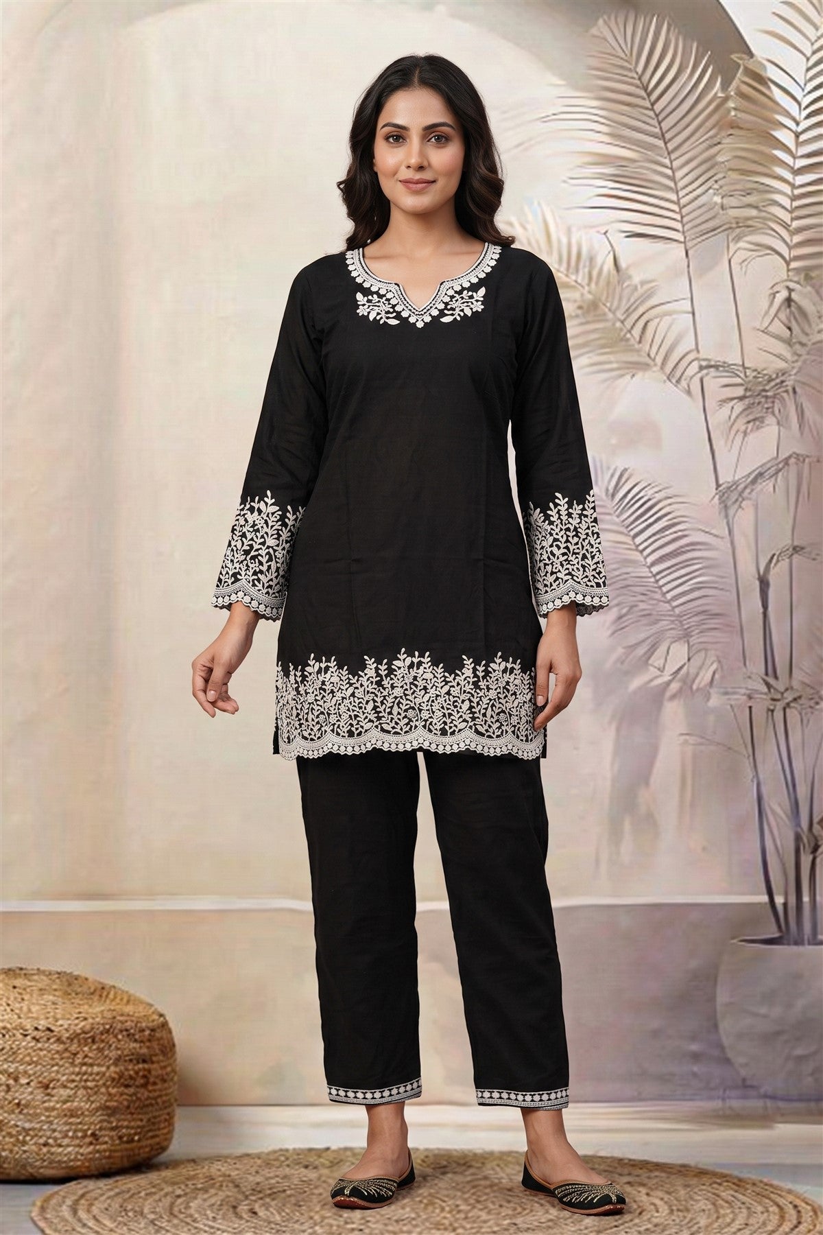 Cotton Embroidered Black Co-ord Set