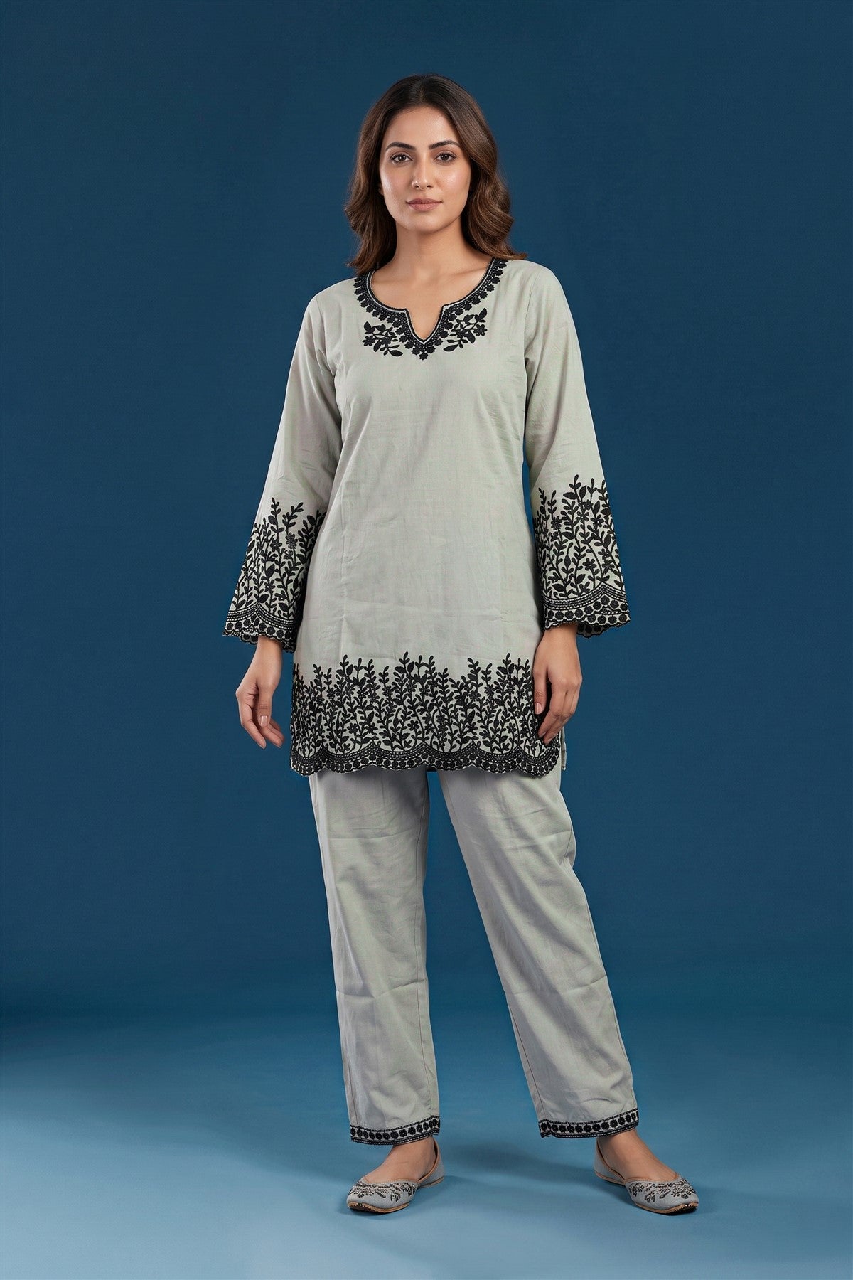 Cotton Embroidered Grey Co-ord Set