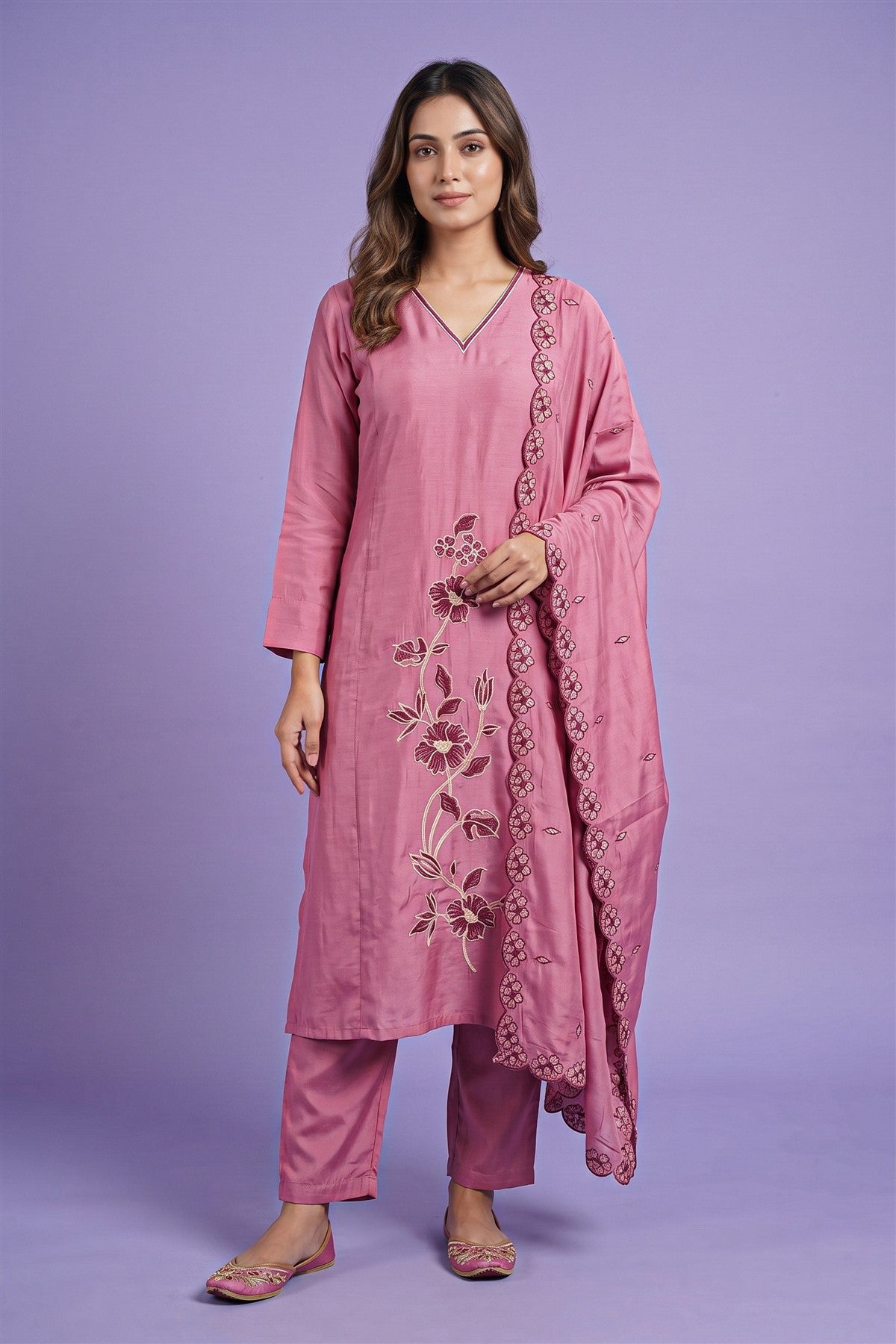 Chanderi Silk Embroidered Coral Tree Kurti Set With Dupatta