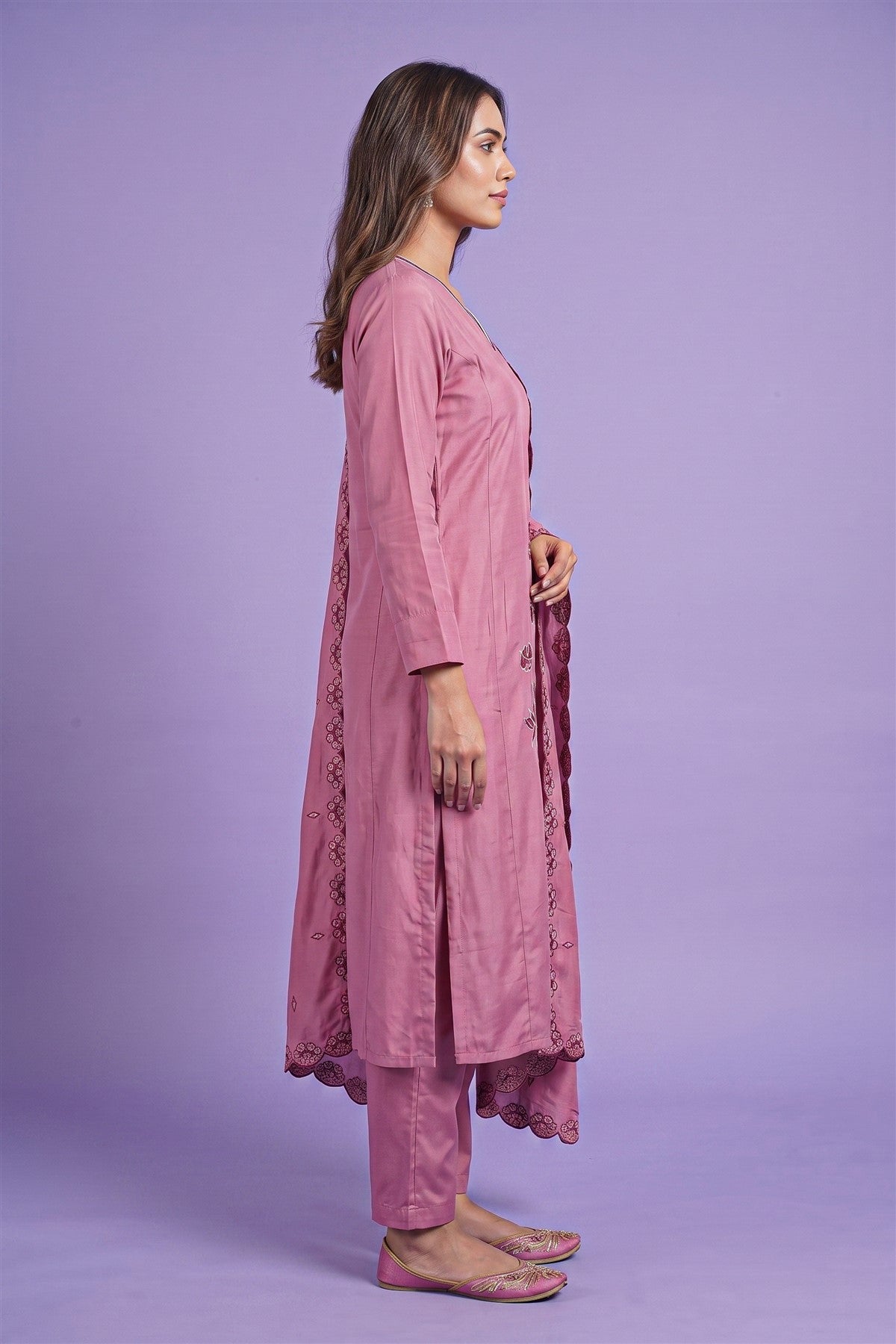 Chanderi Silk Embroidered Coral Tree Kurti Set With Dupatta