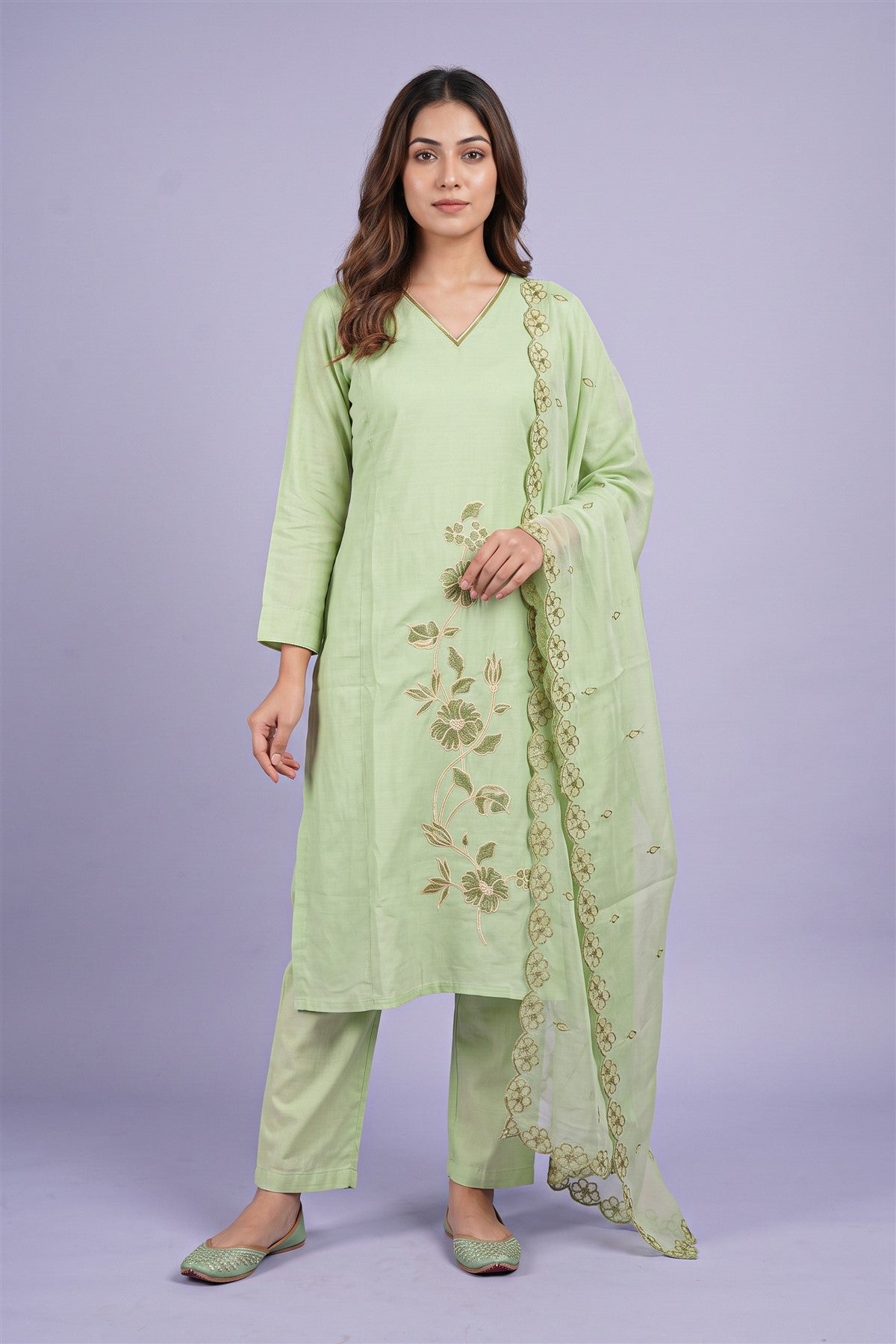 Chanderi Silk Embroidered Light Pista Green Kurti Set With Dupatta