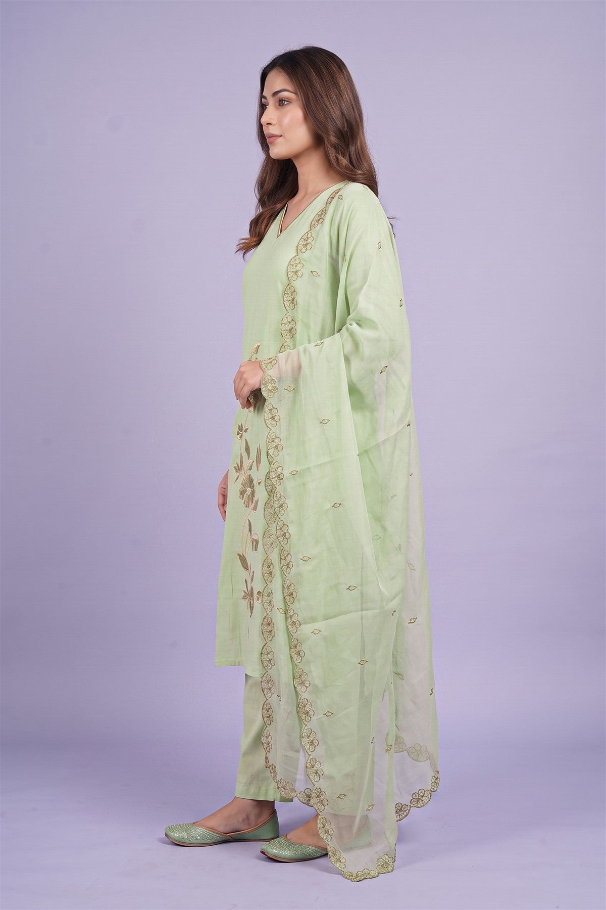 Chanderi Silk Embroidered Light Pista Green Kurti Set With Dupatta
