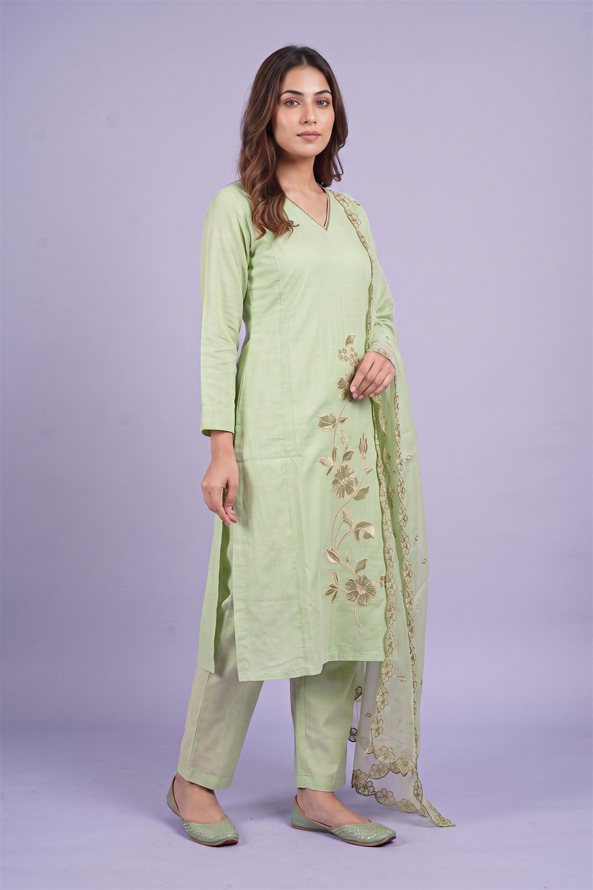 Chanderi Silk Embroidered Light Pista Green Kurti Set With Dupatta
