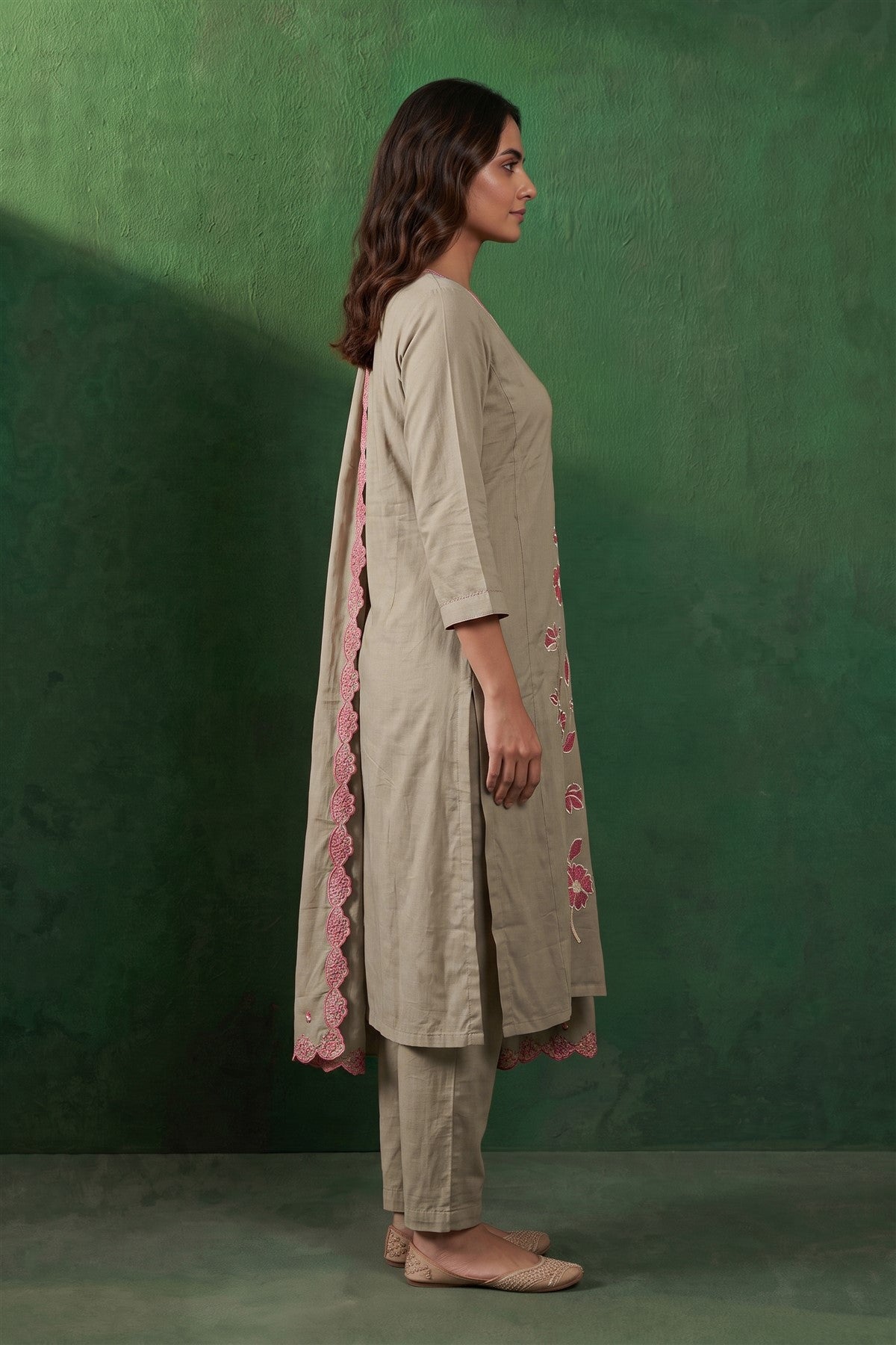 Chanderi Silk Embroidered Beige Kurti Set With Dupatta