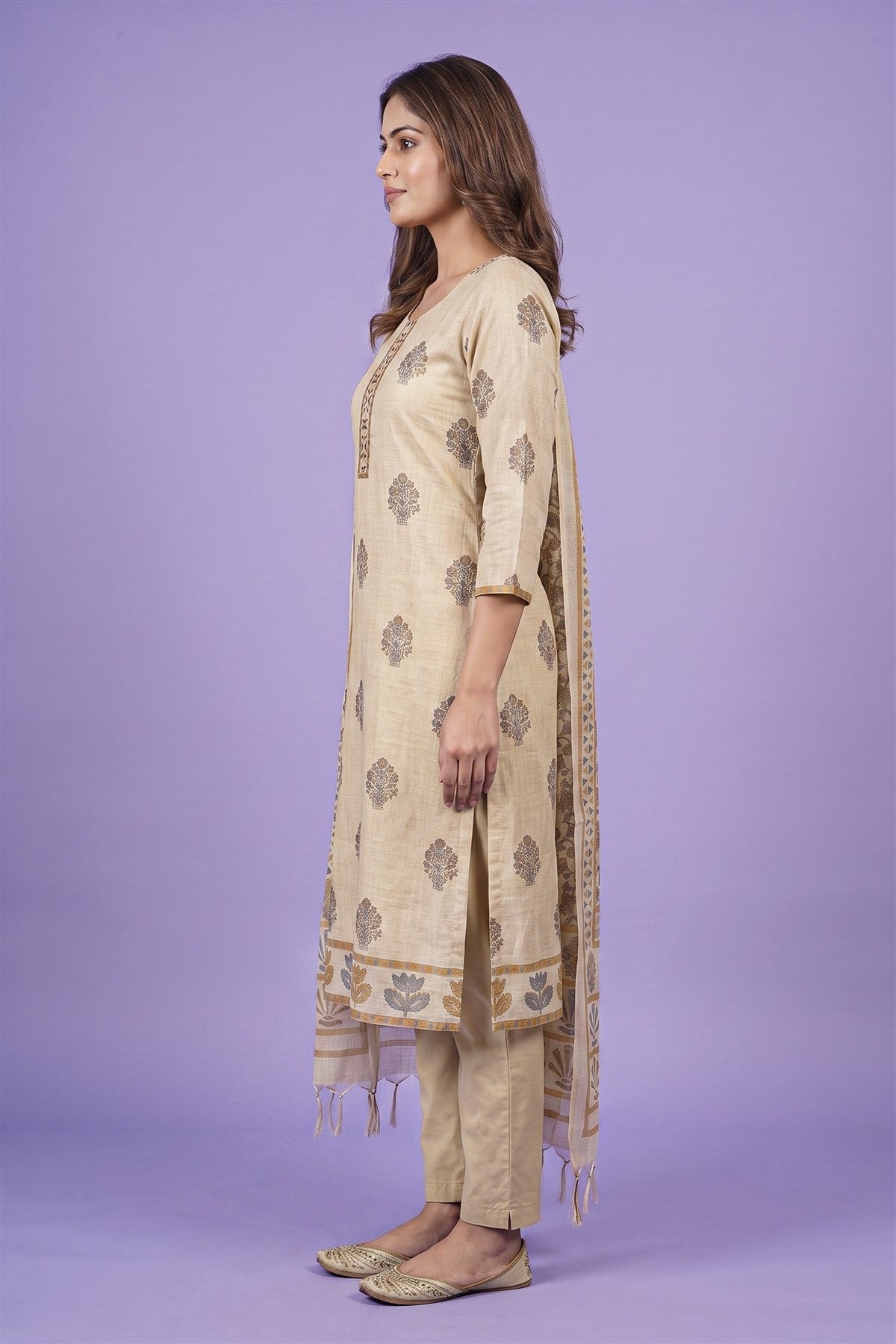 Chanderi Printed Beige Kurti Set With Dupatta