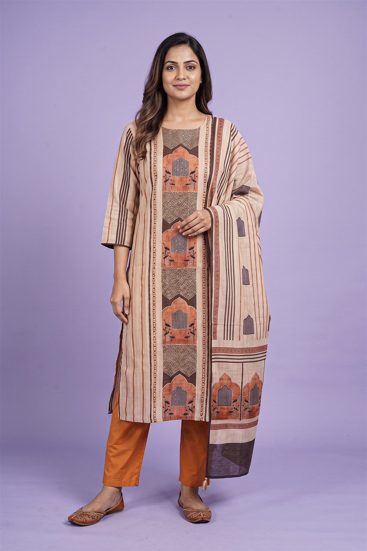 Chanderi Printed Beige Kurti Set With Dupatta