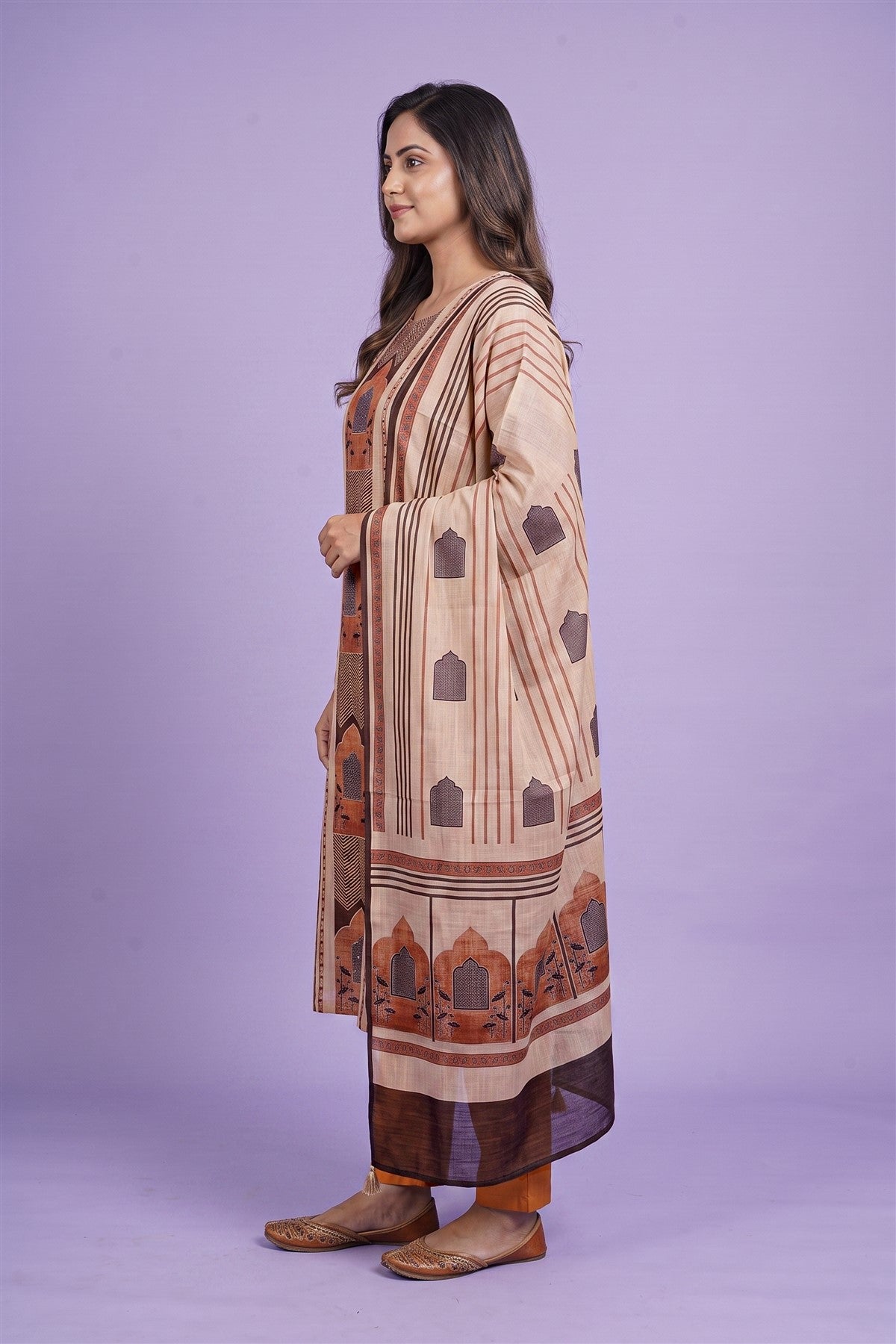 Chanderi Printed Beige Kurti Set With Dupatta
