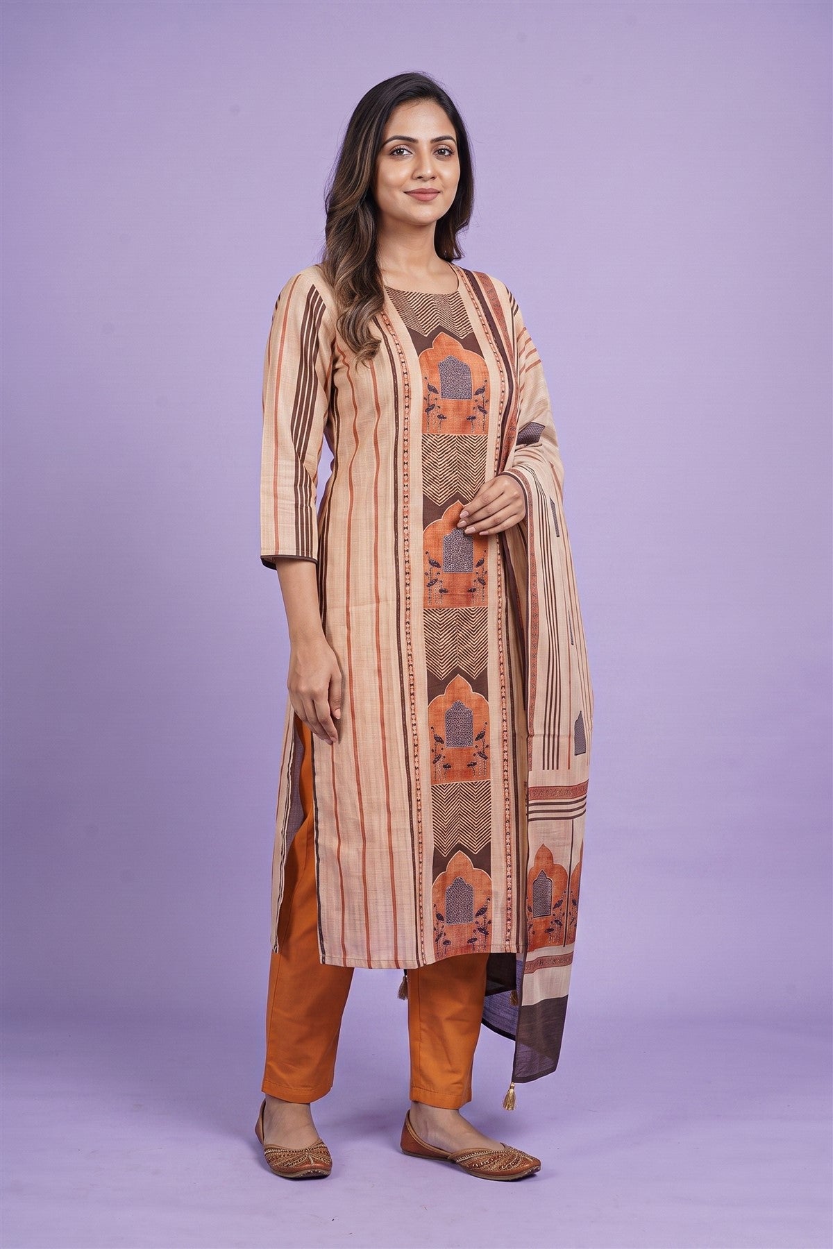 Chanderi Printed Beige Kurti Set With Dupatta