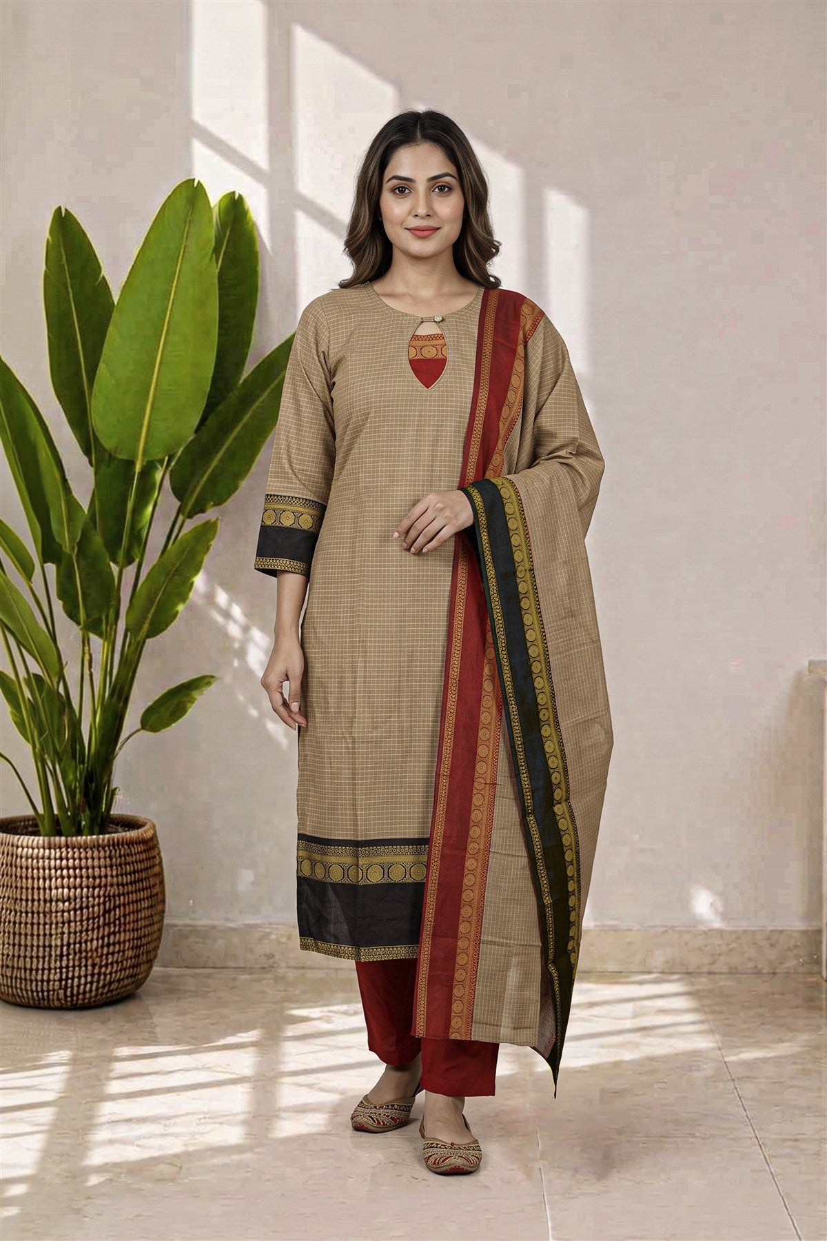 Chanderi Printed Beige Kurti Set With Dupatta