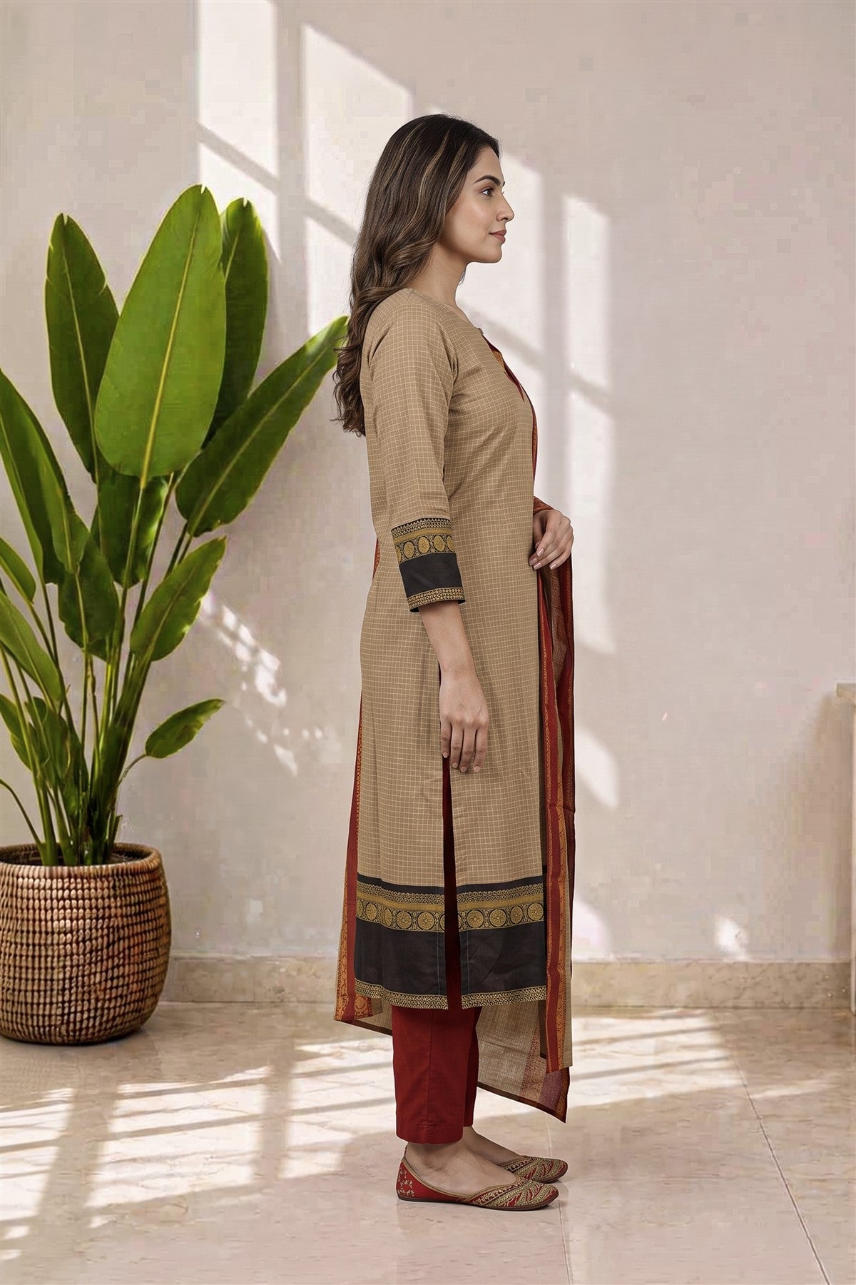Chanderi Printed Beige Kurti Set With Dupatta