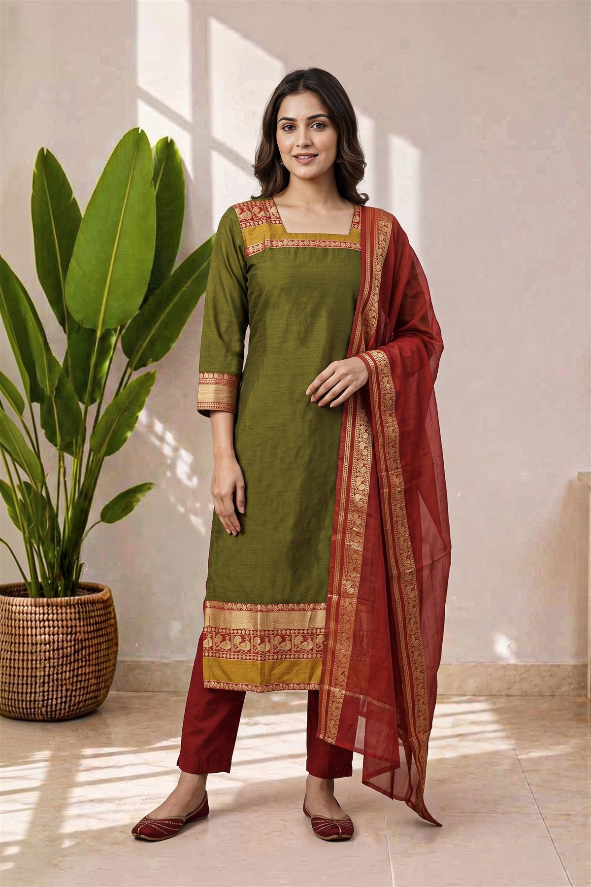 Chanderi Embroidery Mehendi Green Kurti Set With Dupatta