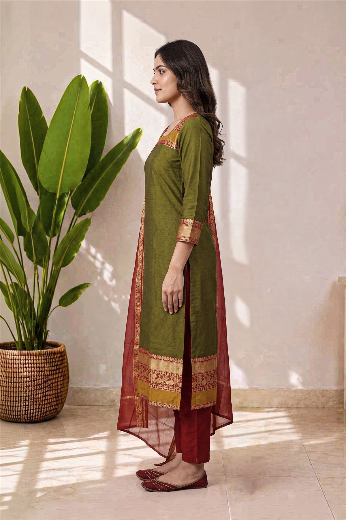 Chanderi Embroidery Mehendi Green Kurti Set With Dupatta