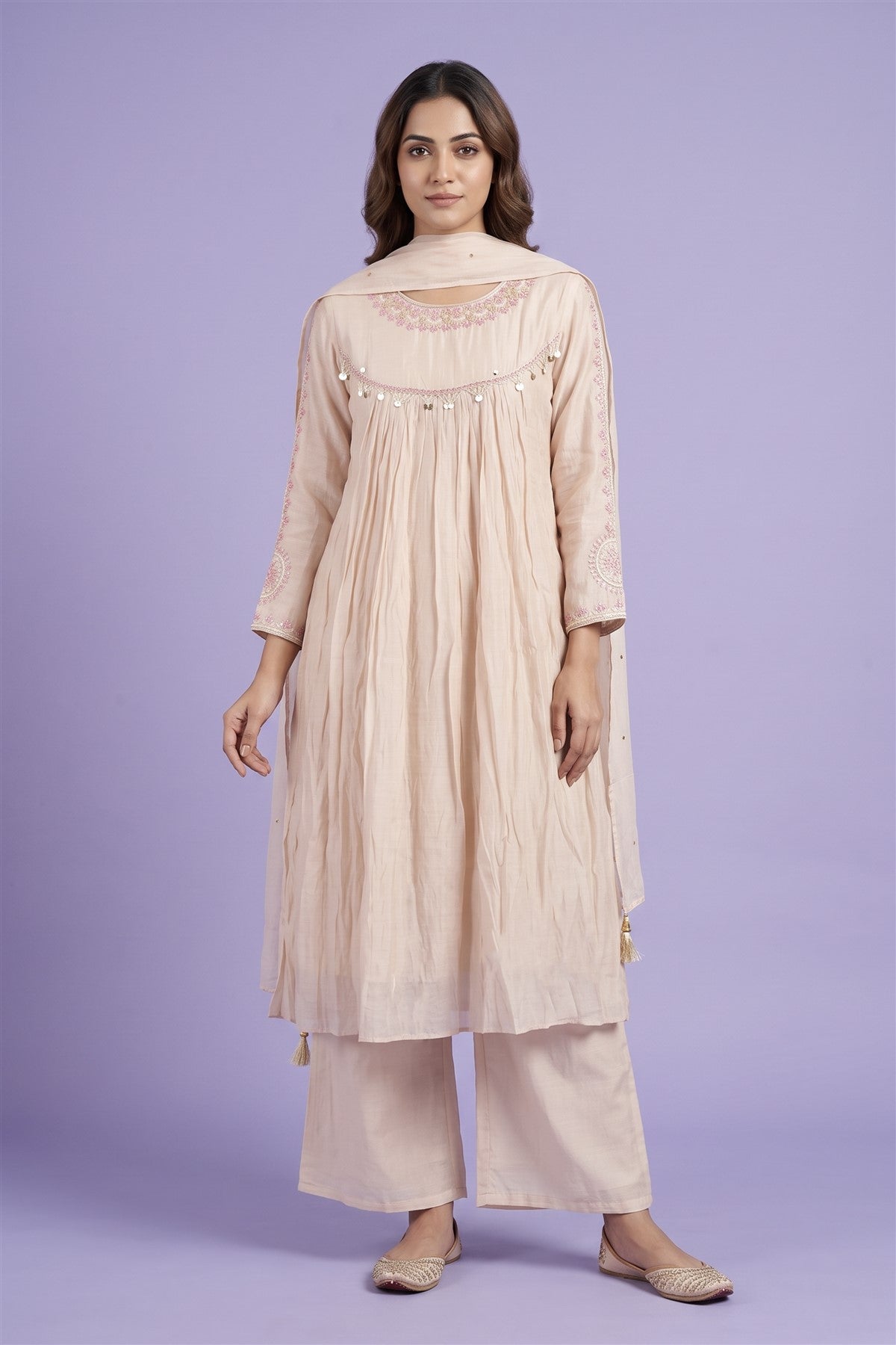 Chanderi Embroidered Off White Kurti Set With Dupatta