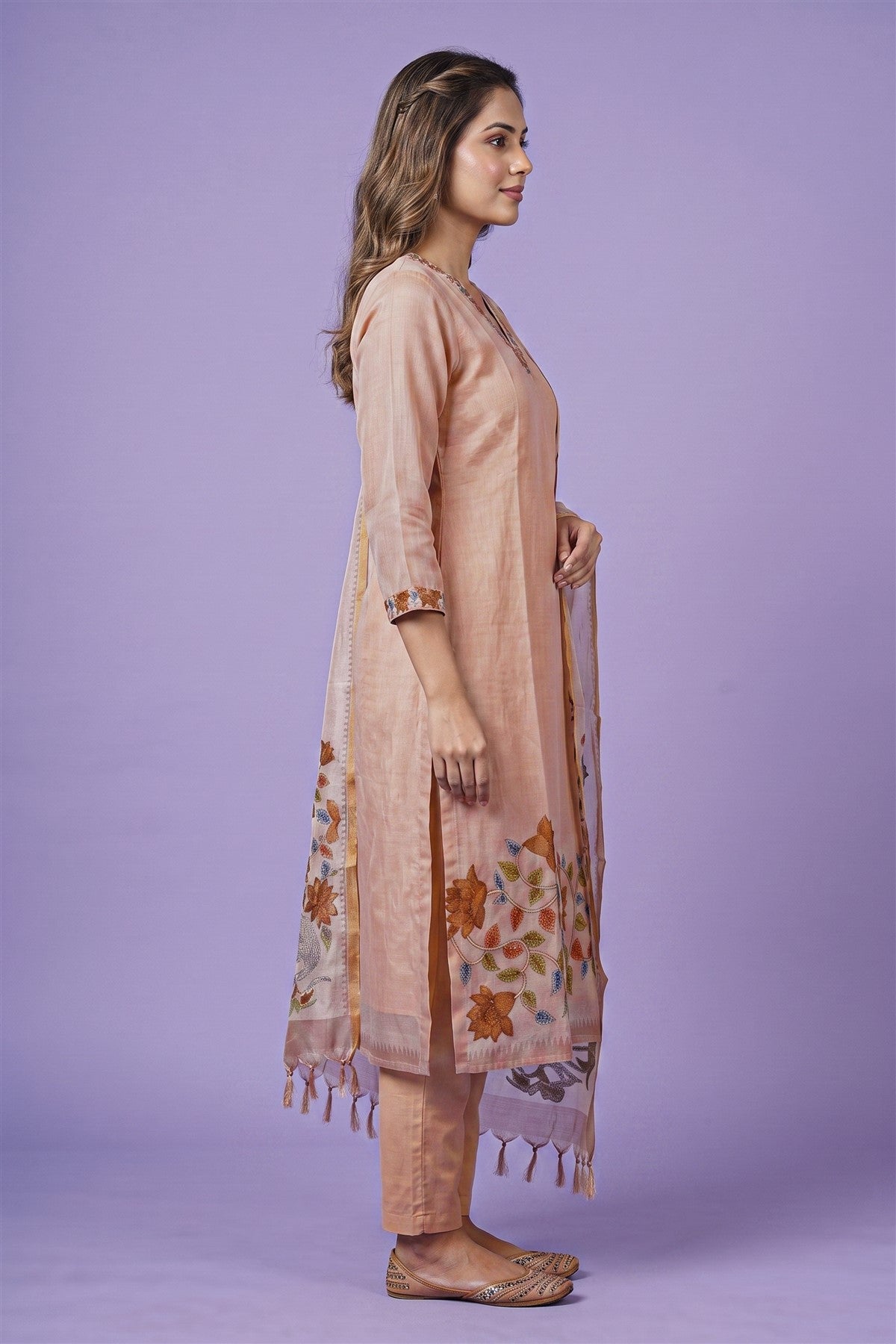 Chanderi Embroidered Light Peach Kurti Set With Dupatta