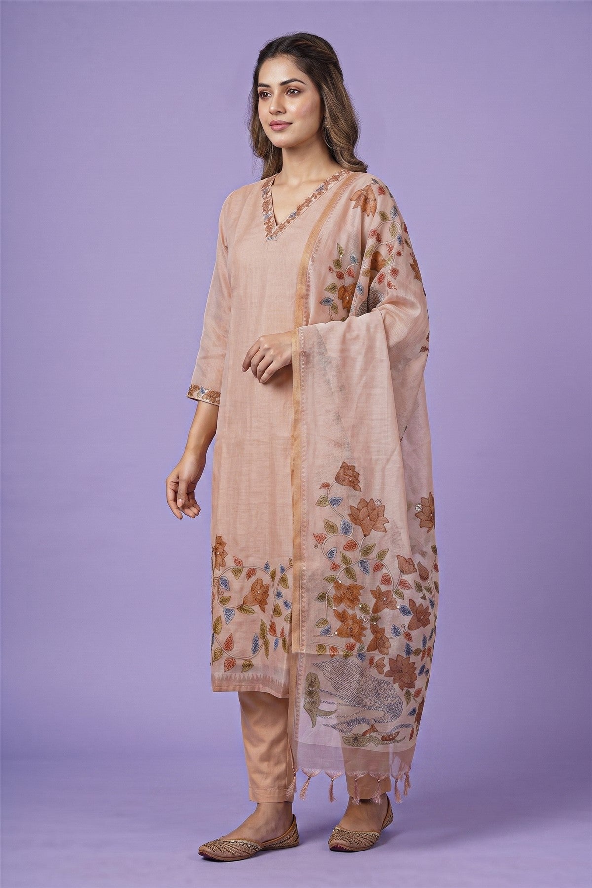 Chanderi Embroidered Light Peach Kurti Set With Dupatta