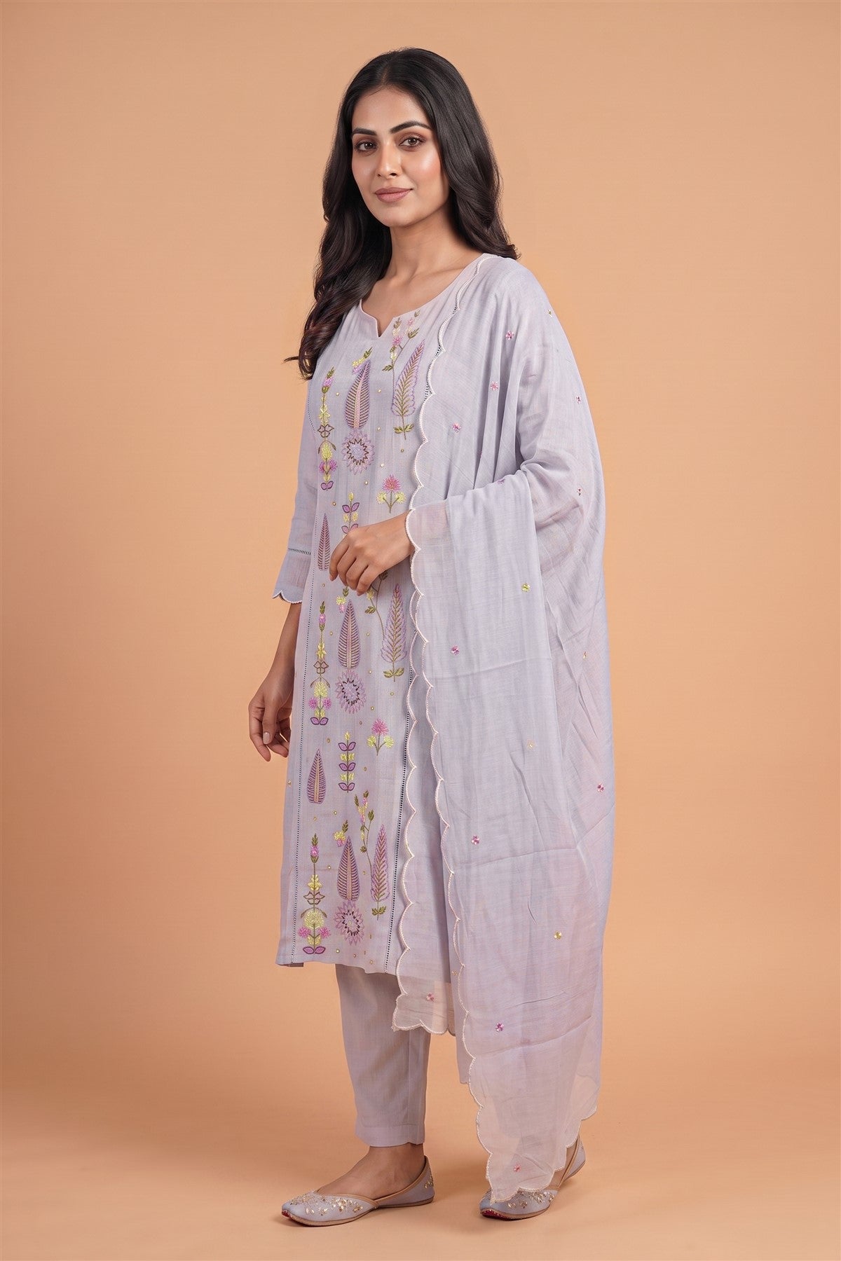 Chanderi Embroidered Echo Blue Kurti Set With Dupatta
