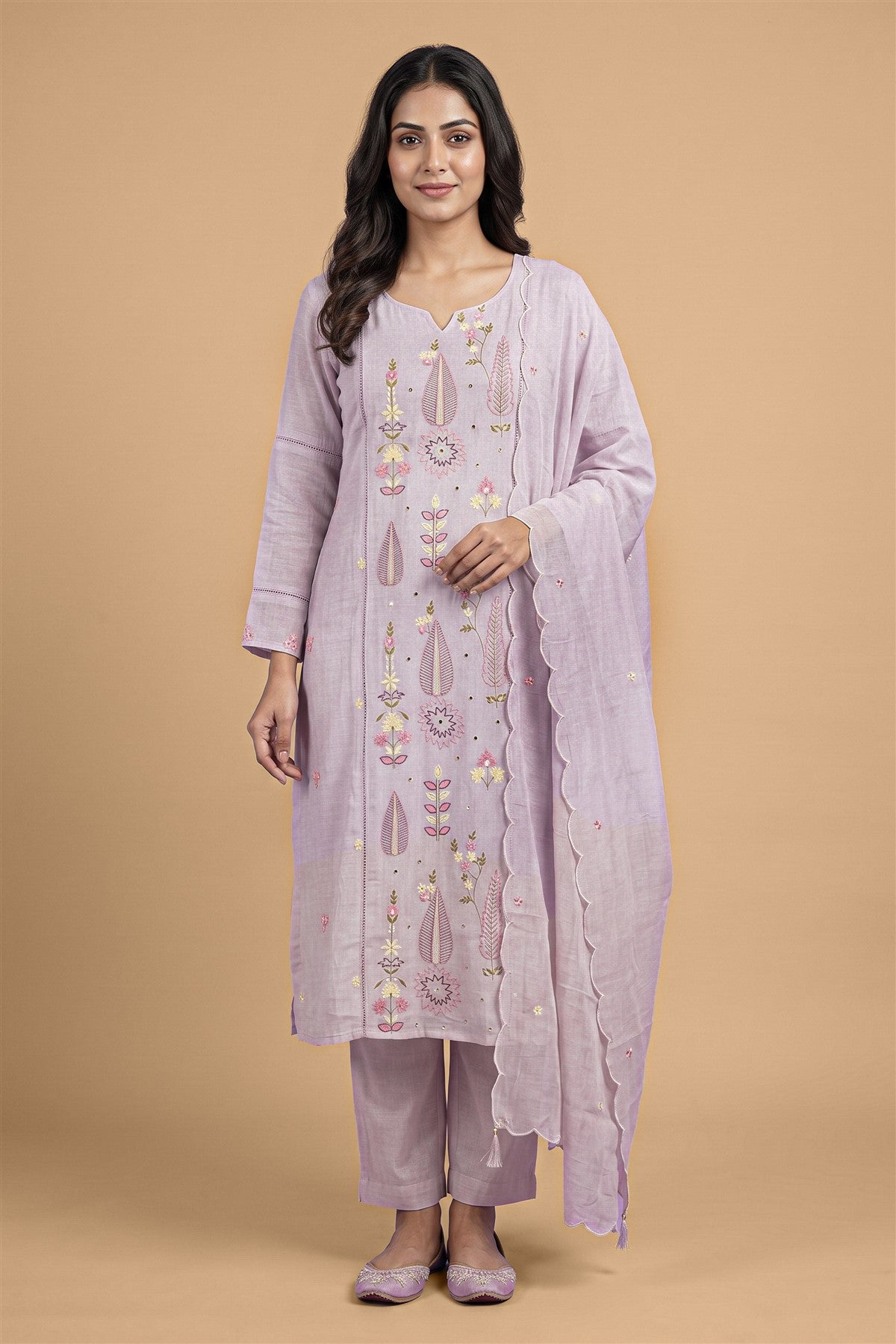 Chanderi Embroidered Lavender Kurti Set With Dupatta