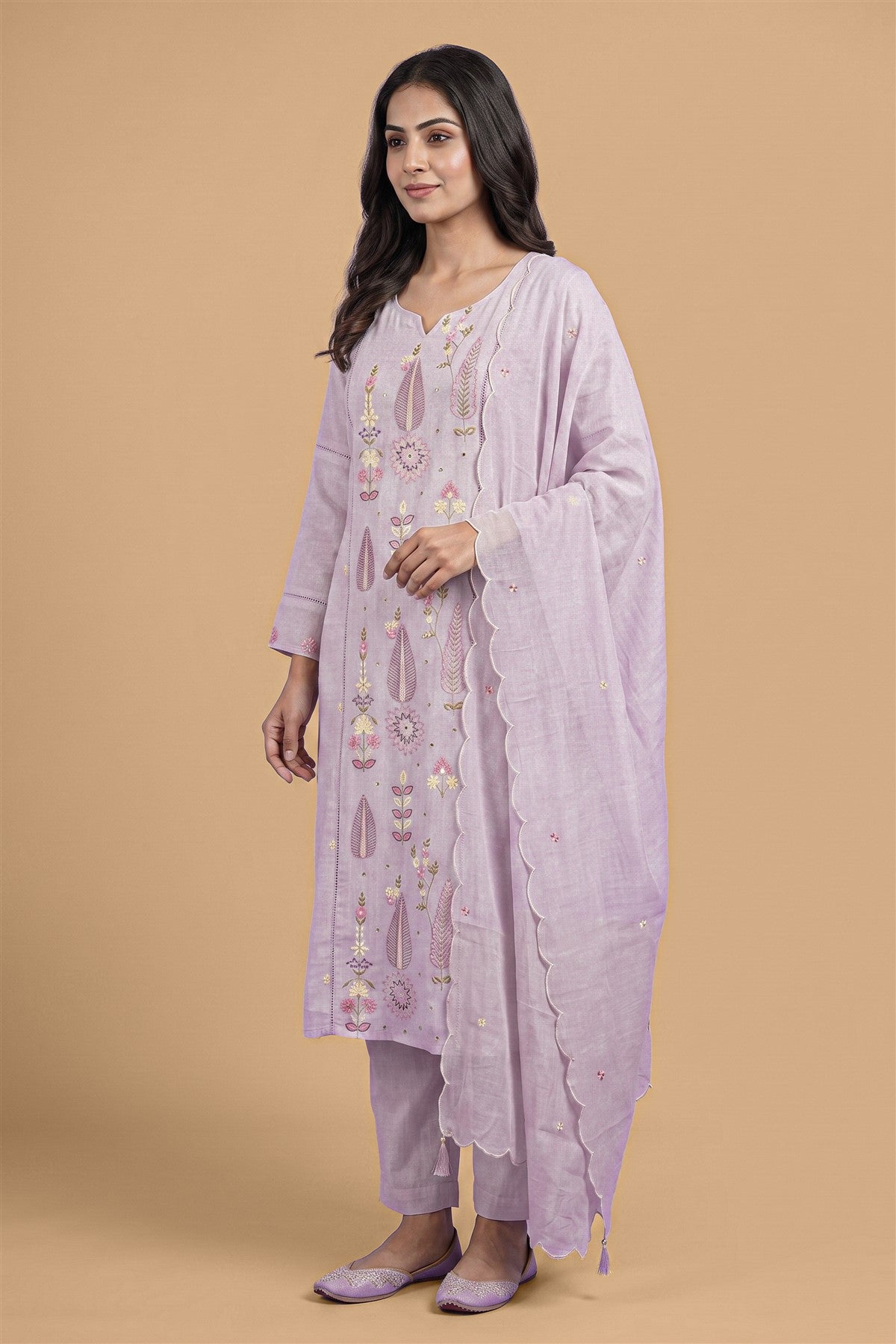 Chanderi Embroidered Lavender Kurti Set With Dupatta