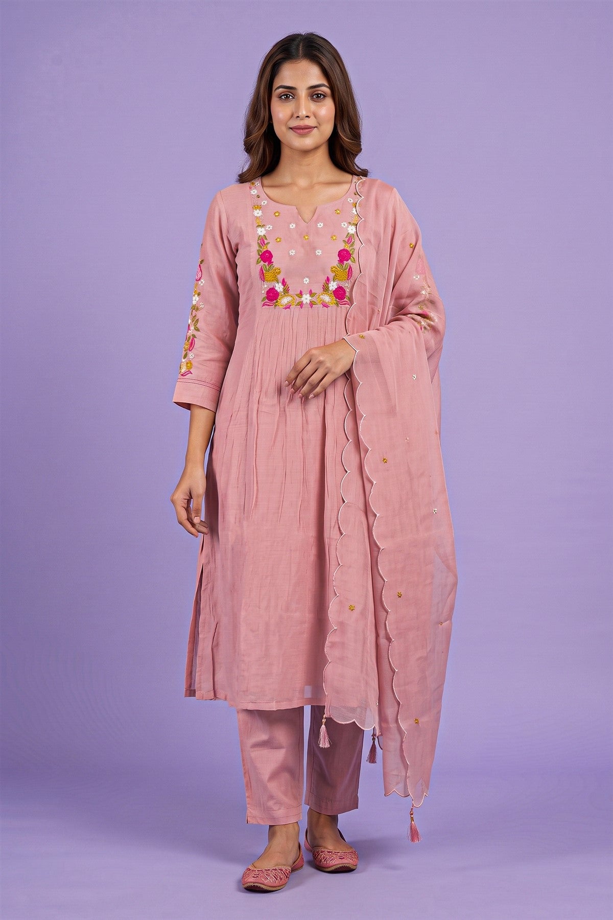 Chanderi Embroidered Coral Tree Kurti Set With Dupatta