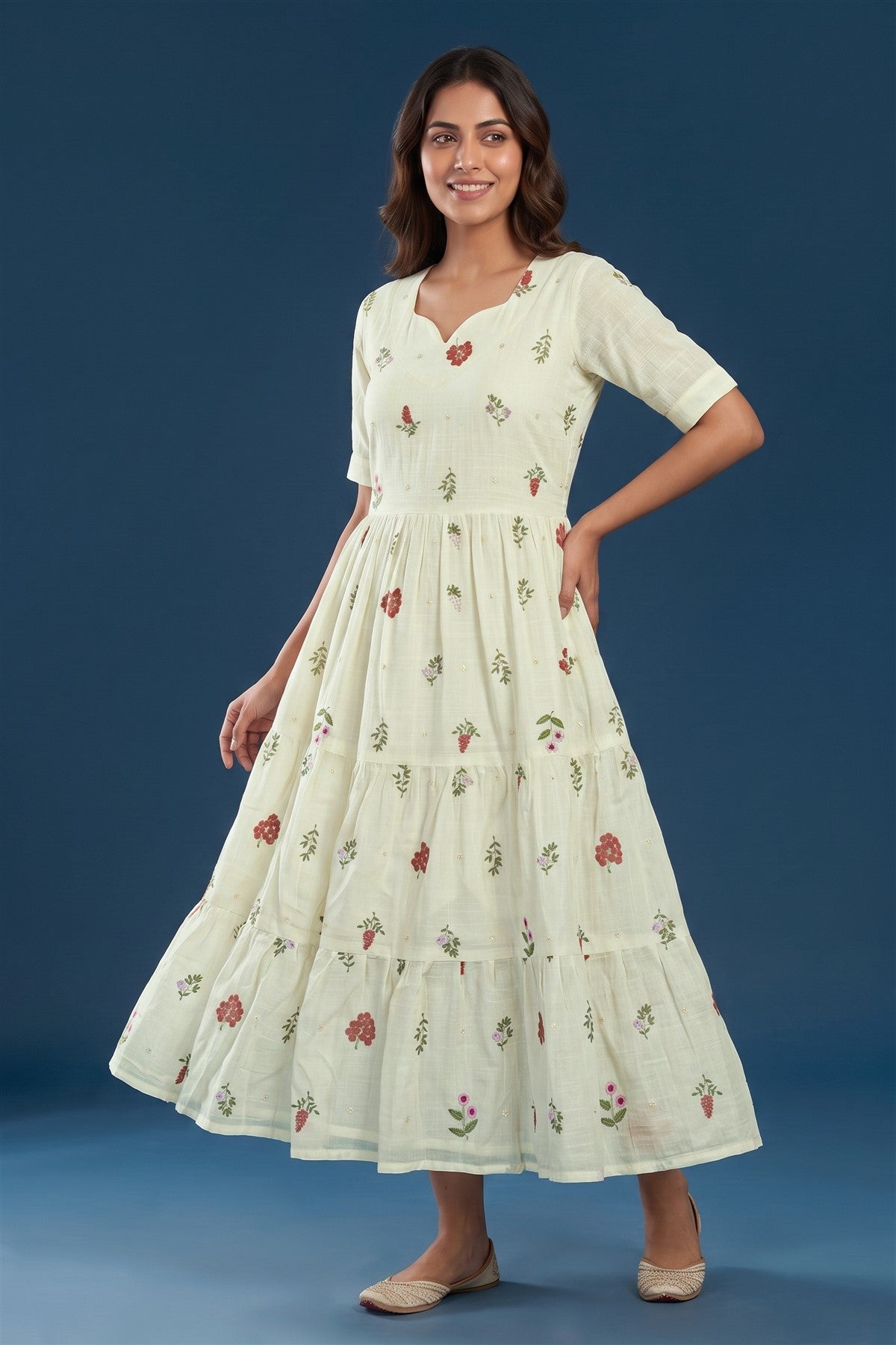 Chanderi Embroidered Off White Dress