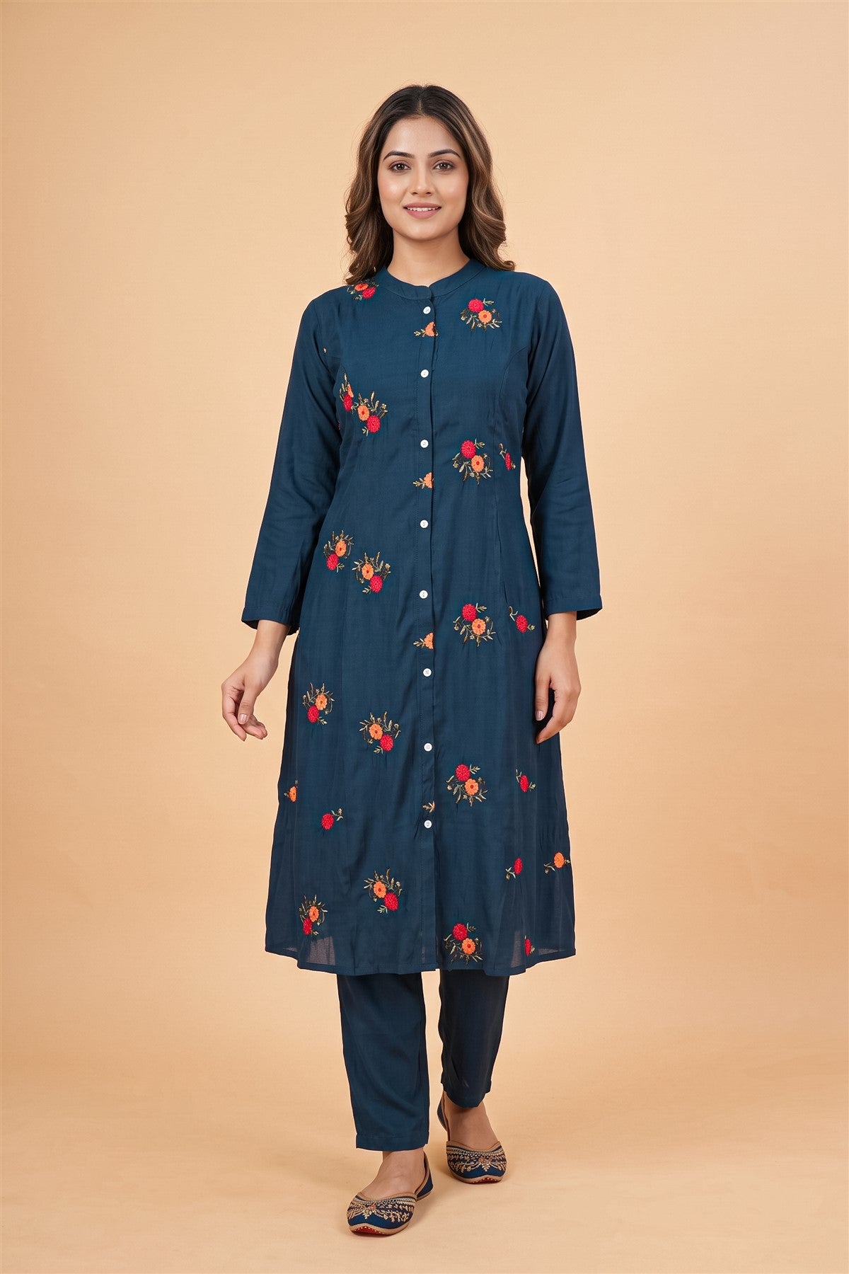 Chanderi Embroidered Indigo Blue Kurti Set