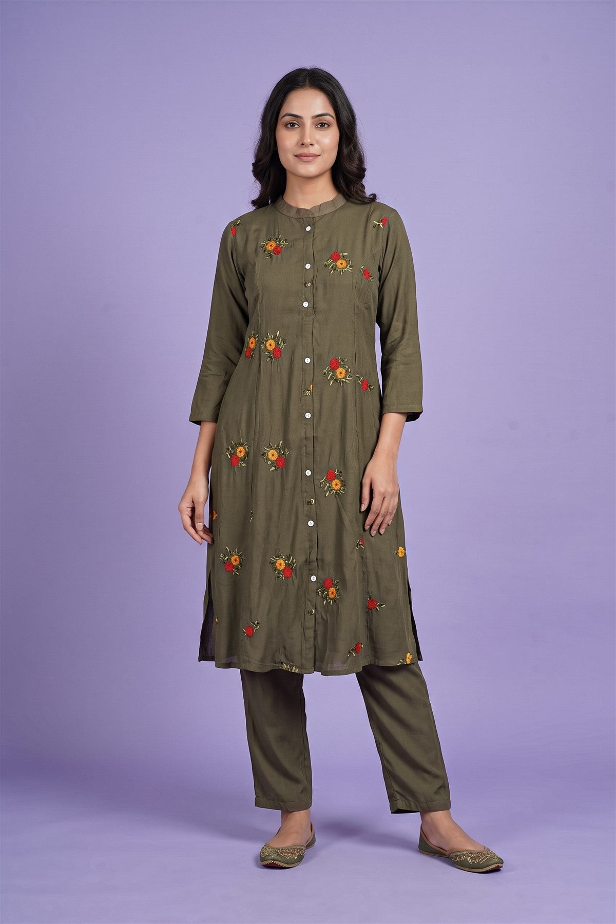 Chanderi Embroidered Deep Foan Kurti Set