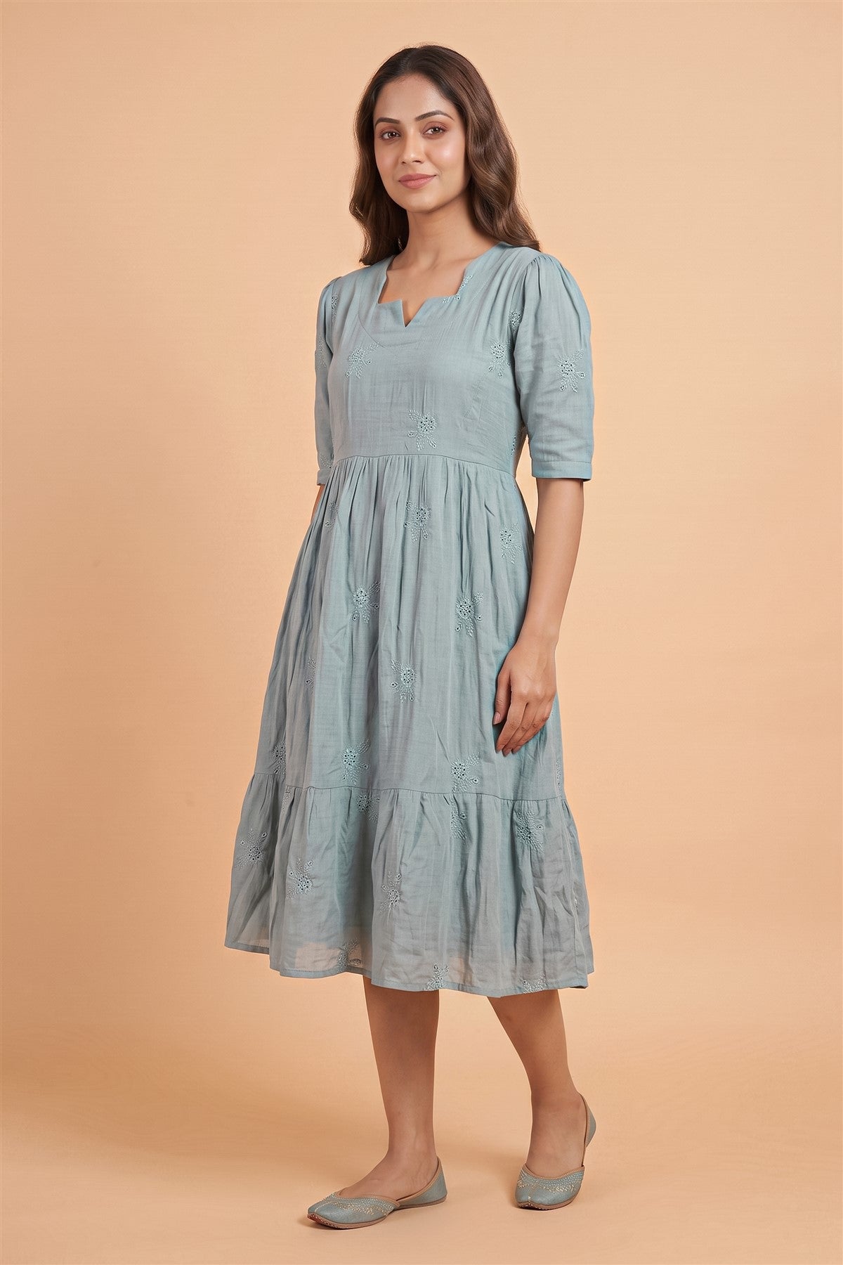 Chanderi Embroidered Teal Blue Dress