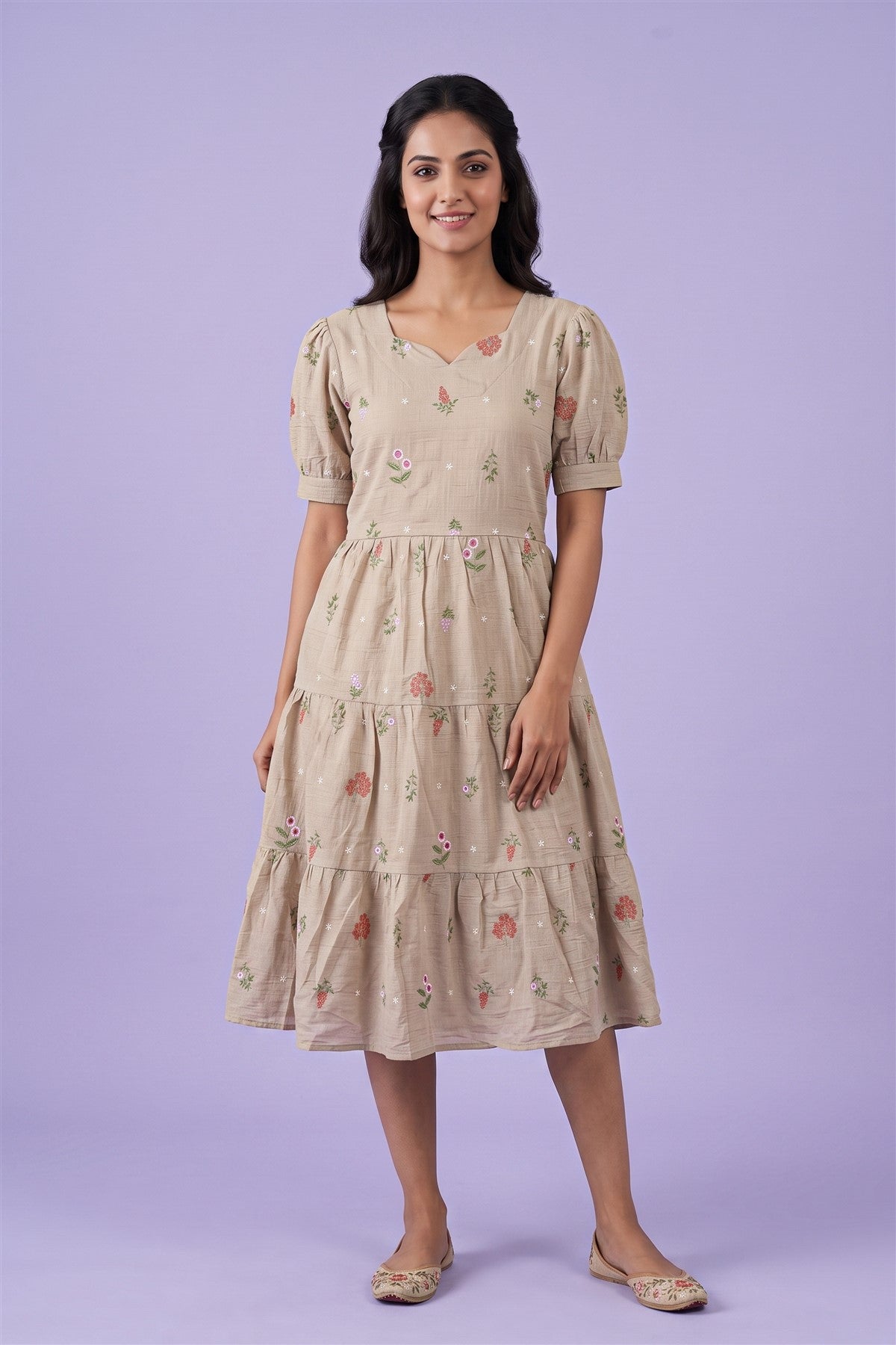 Chanderi Embroidered Light Beige Dress