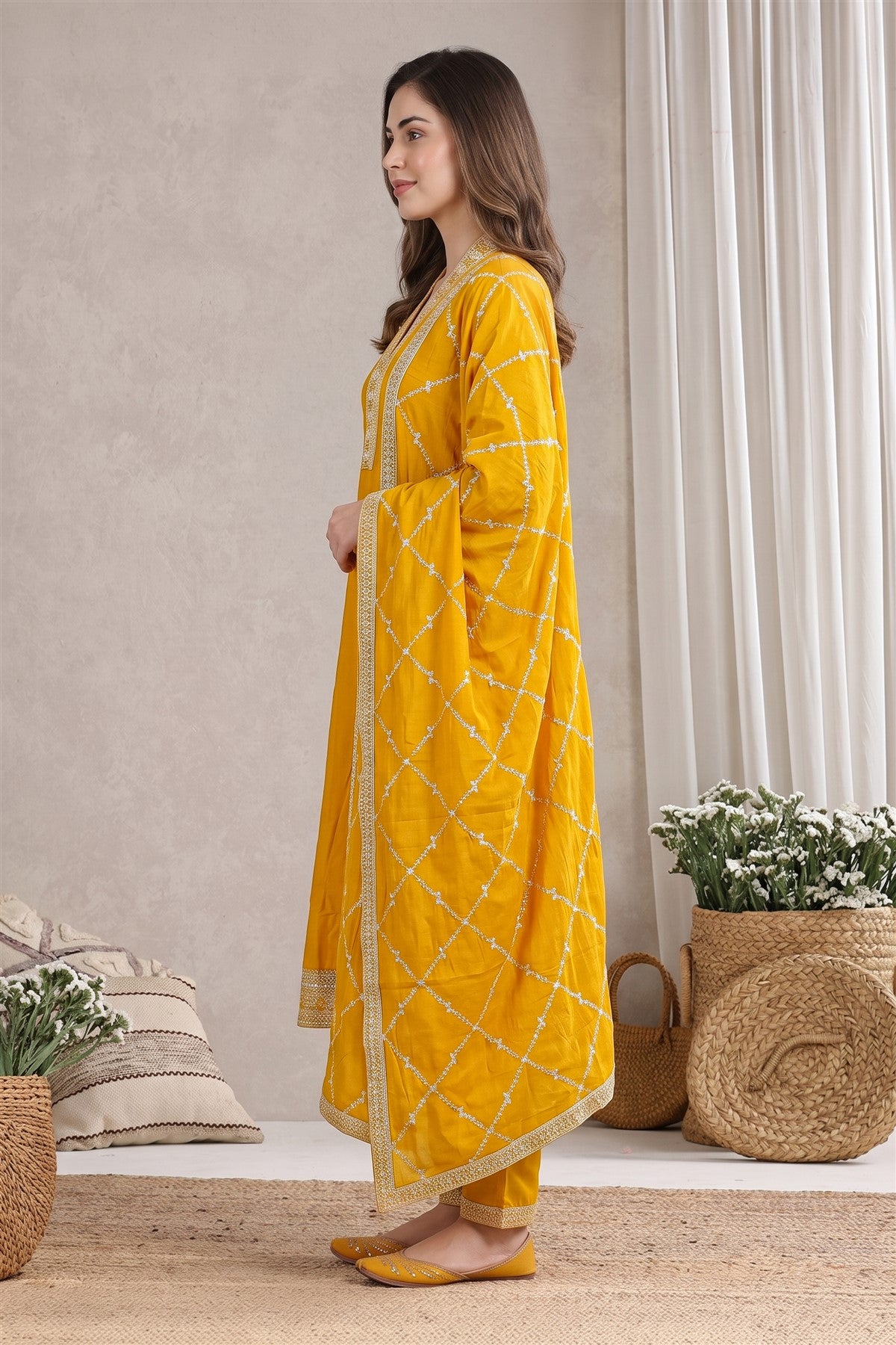 Chanderi Silk Embroidered Yellow Kurti Set With Dupatta