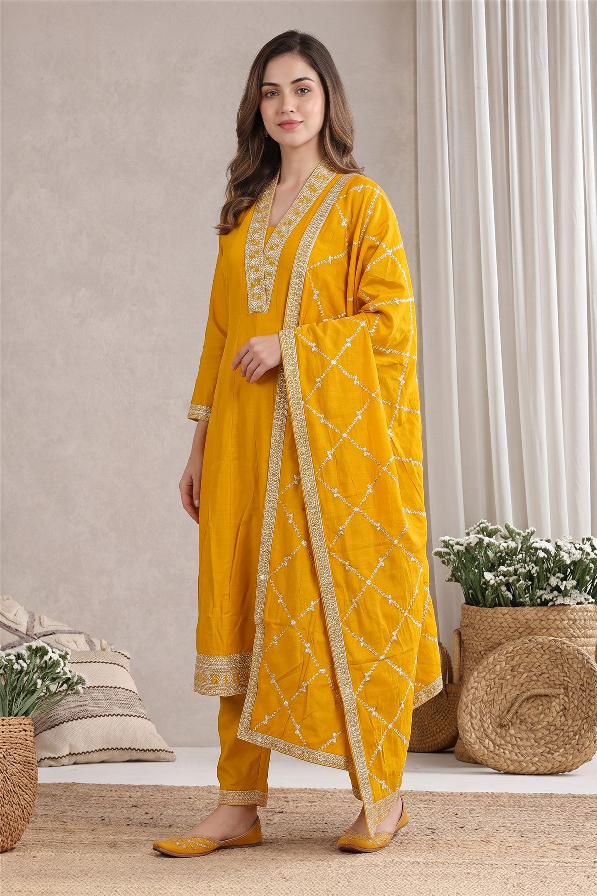 Chanderi Silk Embroidered Yellow Kurti Set With Dupatta