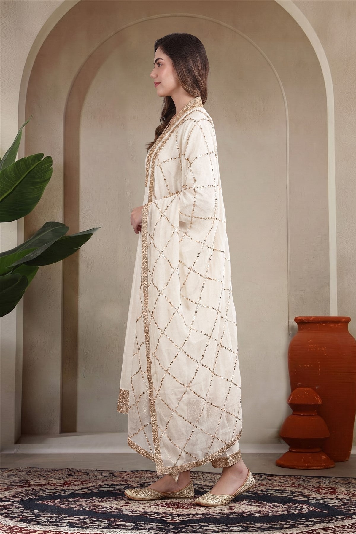 Chanderi Silk Embroidered Cream Kurti Set With Dupatta